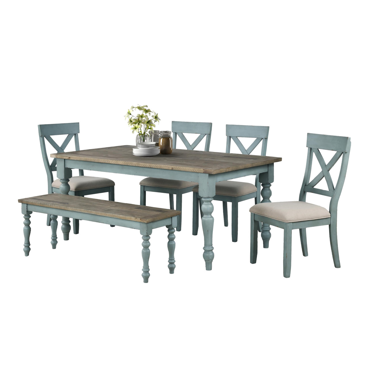 Roundhill Furniture Prato 6-Piece Dining Set, Dining Table with 4 Cross Back Chairs and Bench, Antique Blue and Distressed Walnut Finish