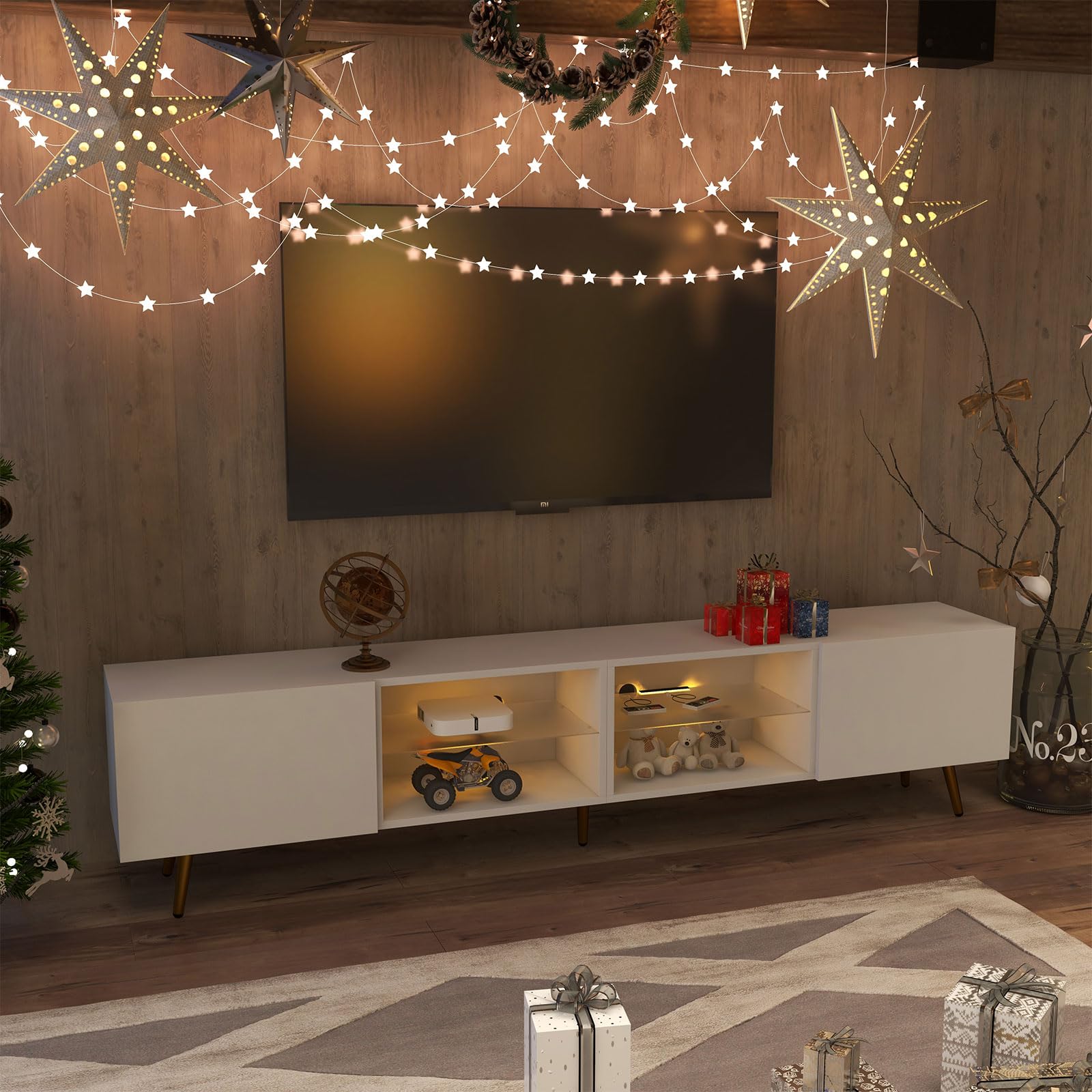Bonzy Home 86" LED TV Stand, Modern Entertainment Center up to 75" 80" 85" TV, Television Console Table with Storage Cabinets for Living Room, White