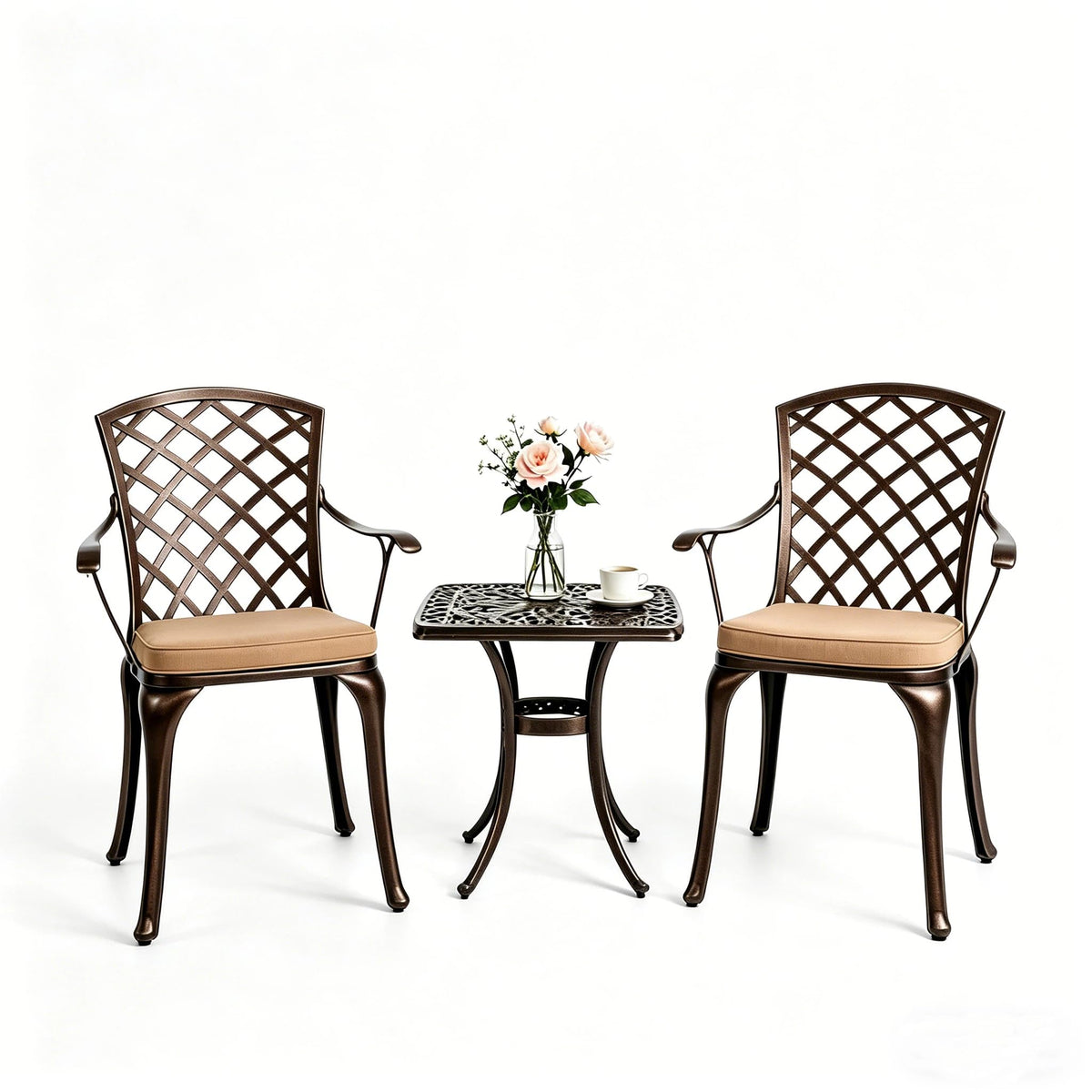 VINGLI 3-Piece Outdoor Bistro Set, All-Weather Cast Aluminum Patio Table & 2 Chairs Rustproof Small Outside Chairs for Lawn Garden Deck Pool (with Cushion)