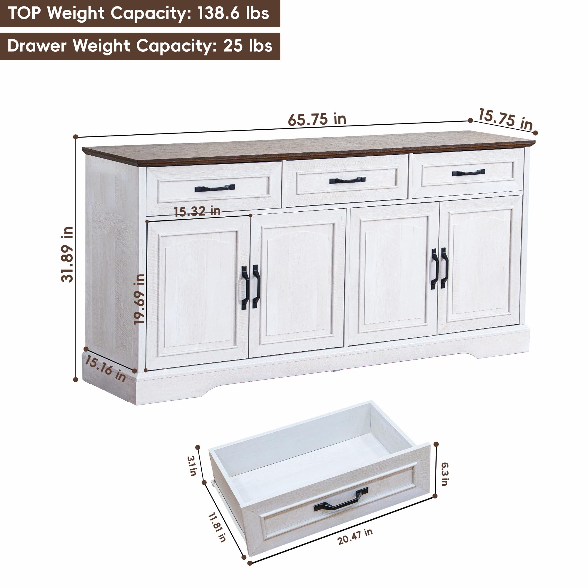 TRONLEE 66" Large Sideboard Buffet Cabinet with Storage, Farmhouse Buffet Table Coffee Bar Wine Bar Kitchen Storage Cabinet with Drawers for Dining Room, Living Room, White & Walnut