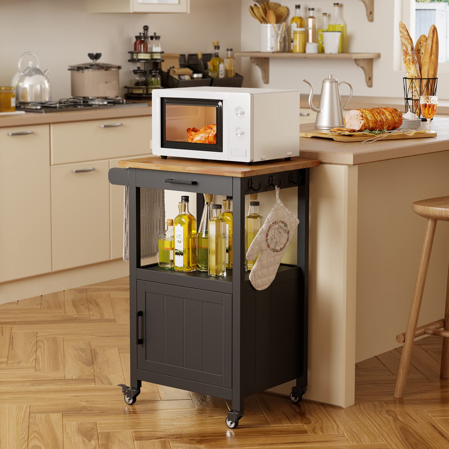 Qsun Kitchen Island on Wheels with Drawer, Storage Cabinet, Shelf and Side Hook, Rolling Kitchen Cart with Rubber Wood Countertop, Microwave Cart for Small Space, Black