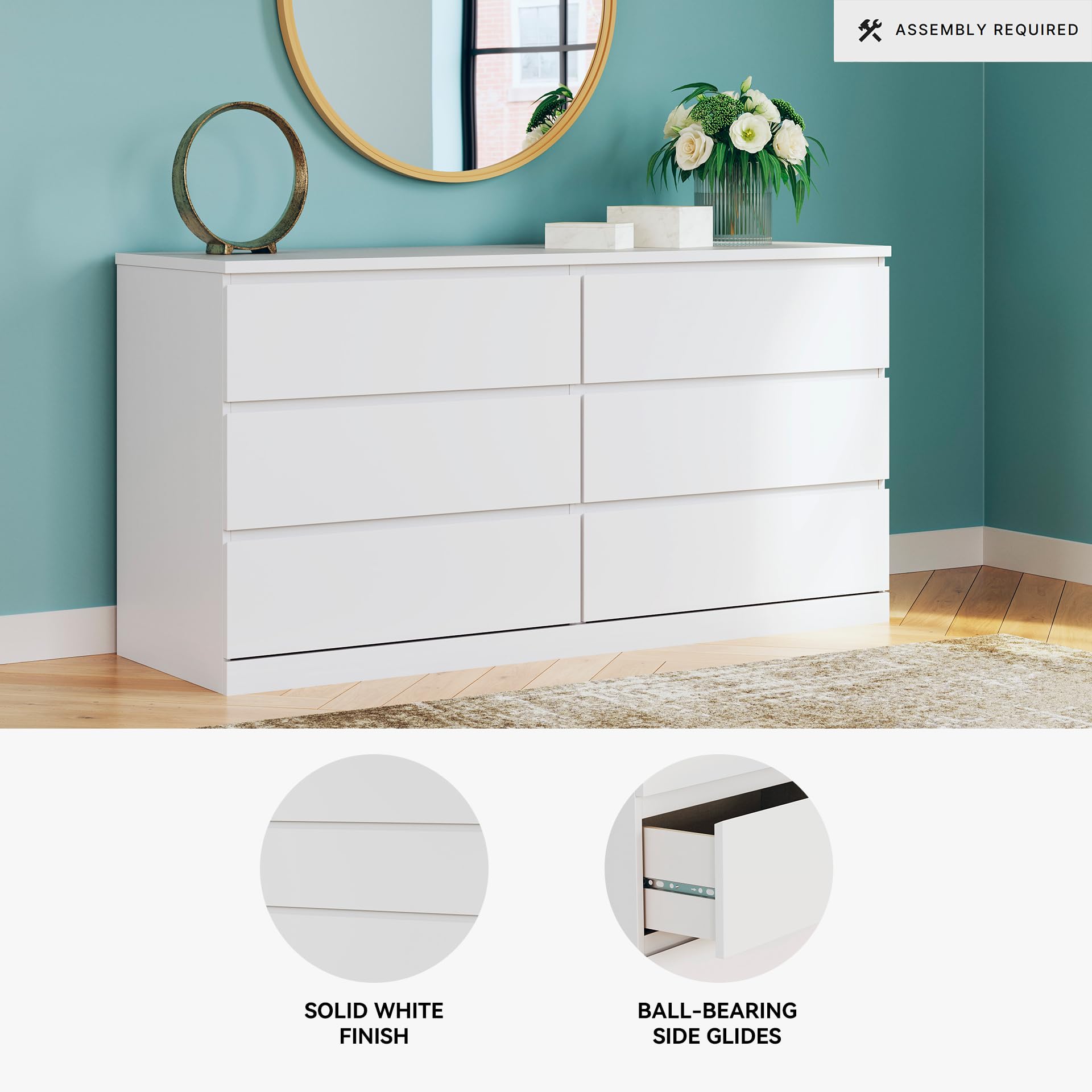 Signature Design by Ashley Onita Modern Dresser with 6 Smooth-Gliding Drawers, Meets ASTM International Safety Standards, White, 59.76' W x 19.29' D x 30.67' H