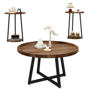 3-Piece Round Coffee Table & End Table Set – Vintage Industrial, Brown
