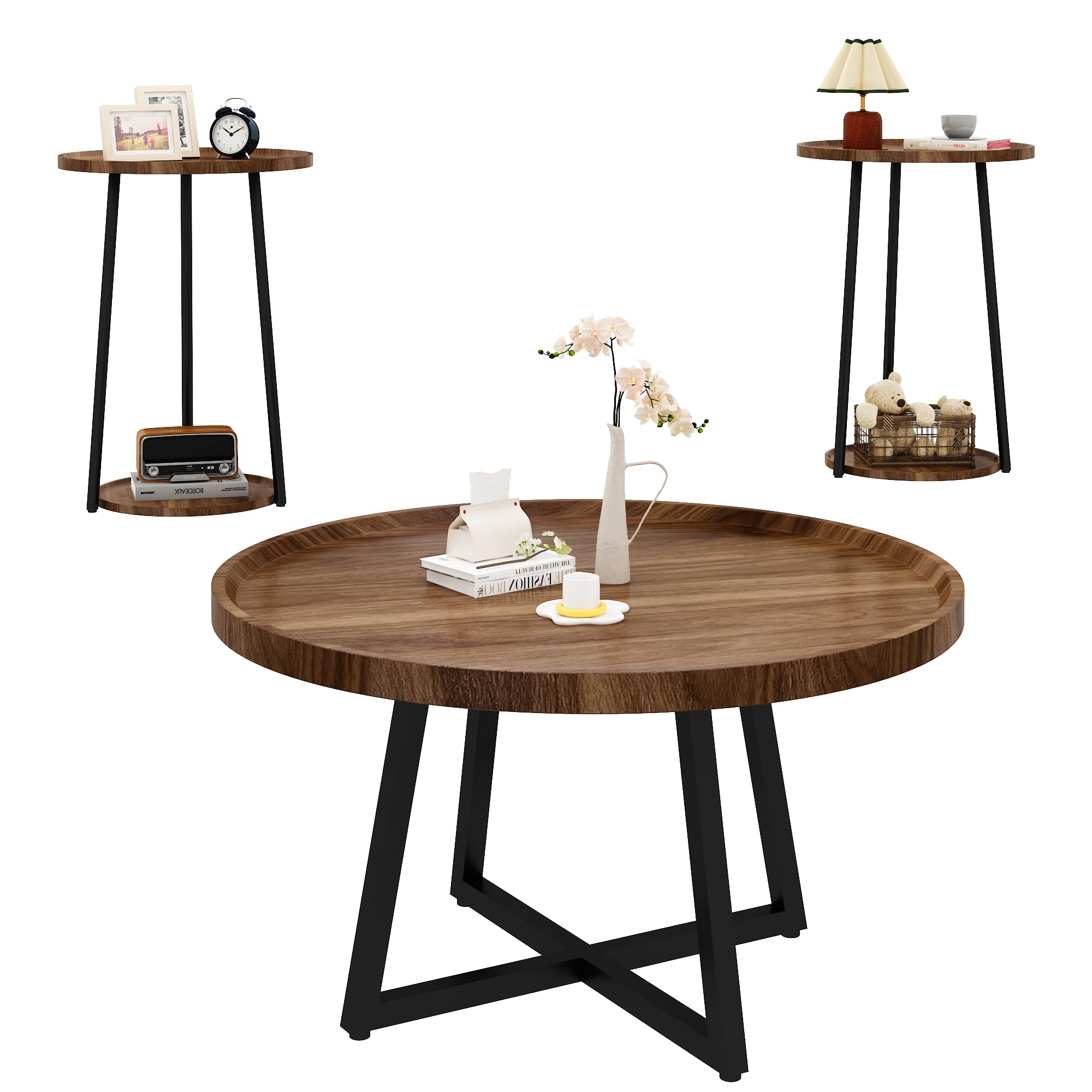 3-Piece Round Coffee Table & End Table Set – Vintage Industrial, Brown
