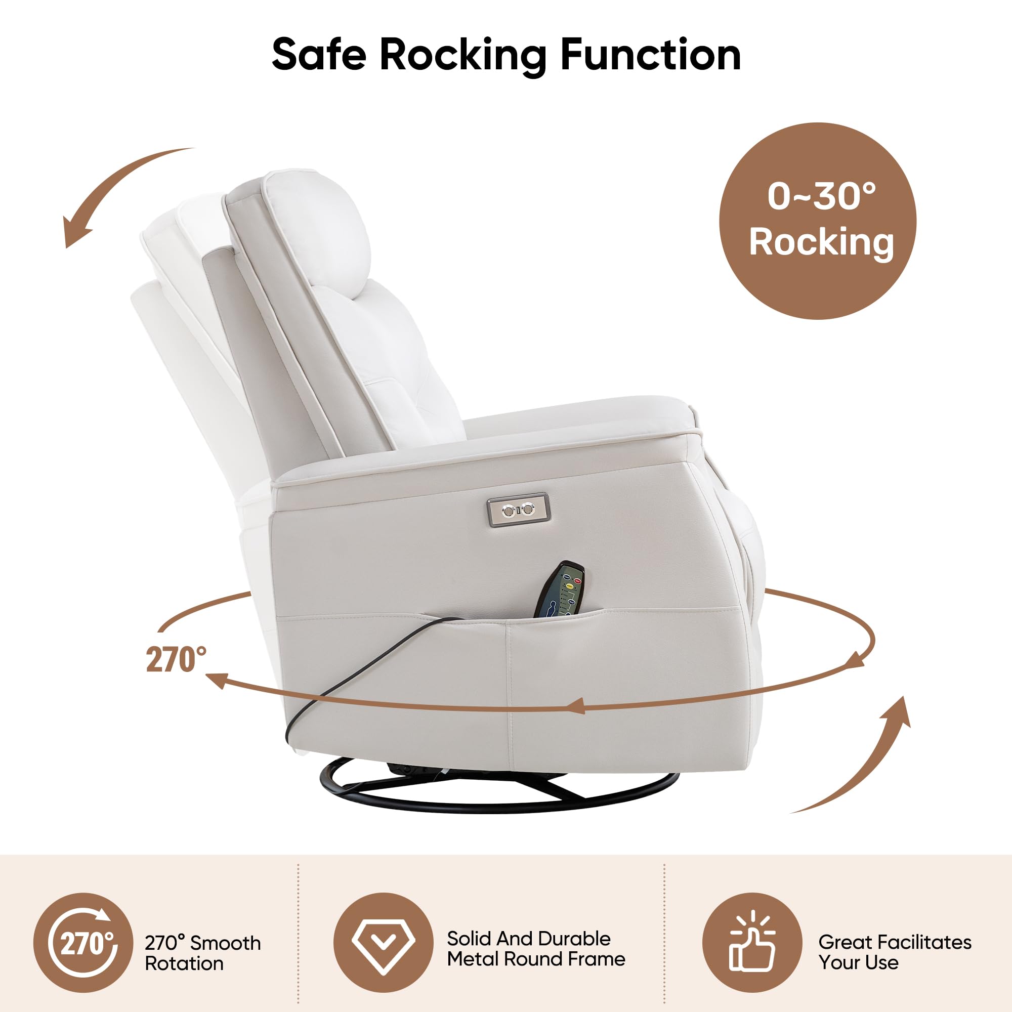 choairy Recliner Chair for Adults, Power Faux Leather Rocker Recliner Massage and Heat, Oversized Swivel Reclining Nursery Chair with USB Ports for Living Room, Office Beige
