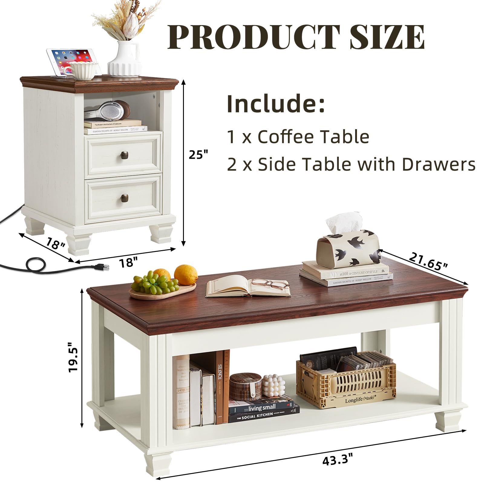 Farmhouse Coffee Table Set of 3 with Drawers