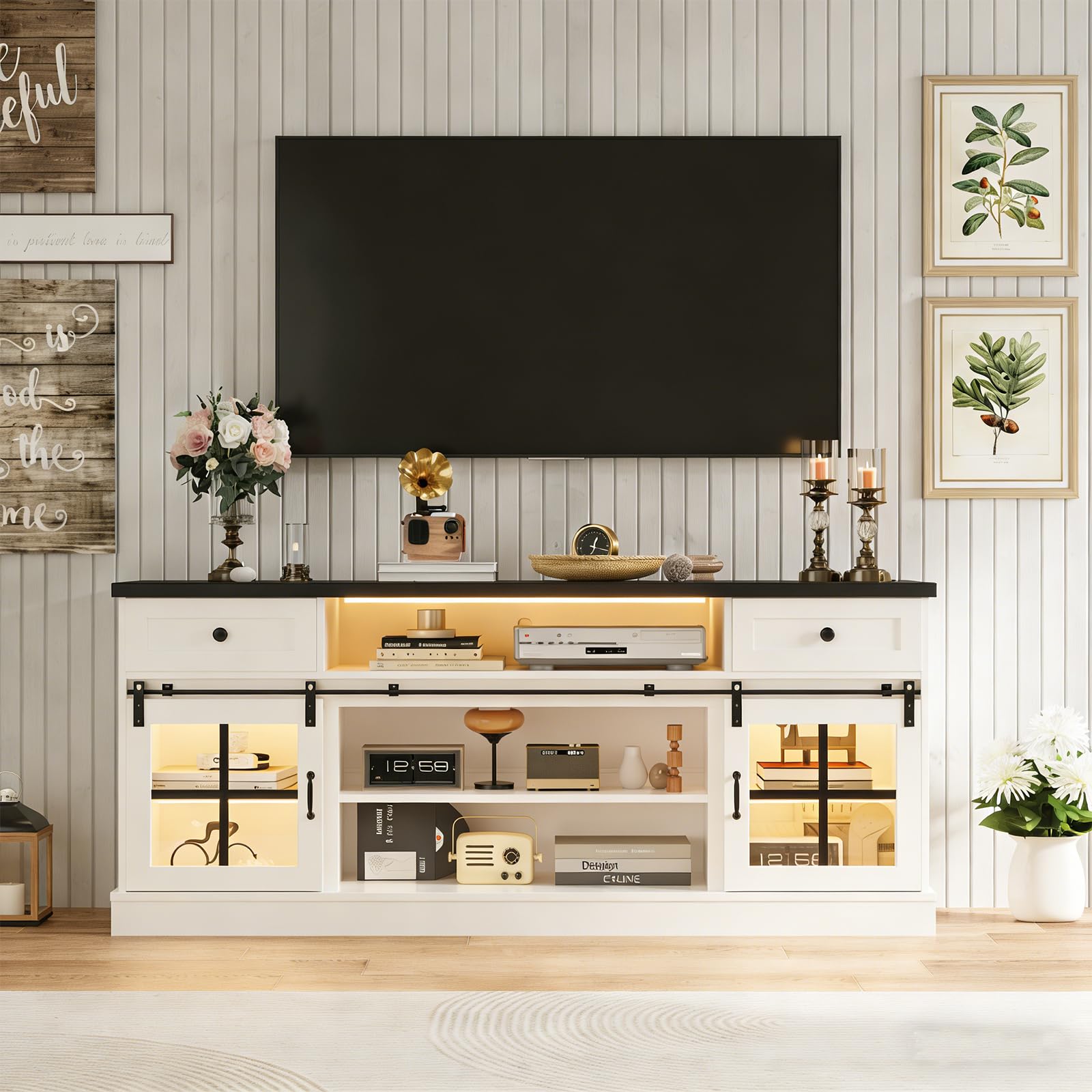 Farmhouse TV Stand with Drawers, Power Outlets & LED Lights