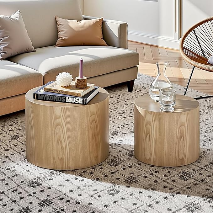 Nesting Coffee Table Set of 2 – Round Accent Tables with Non-Slip Feet