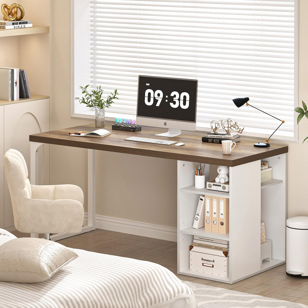 EXCEFUR Modern Computer Desk for Home Office, PC Gaming Desk with Reversible Storage Shelves, Study Writing Table Workstations for Living Room, 53 Inch, Rustic Oak and White
