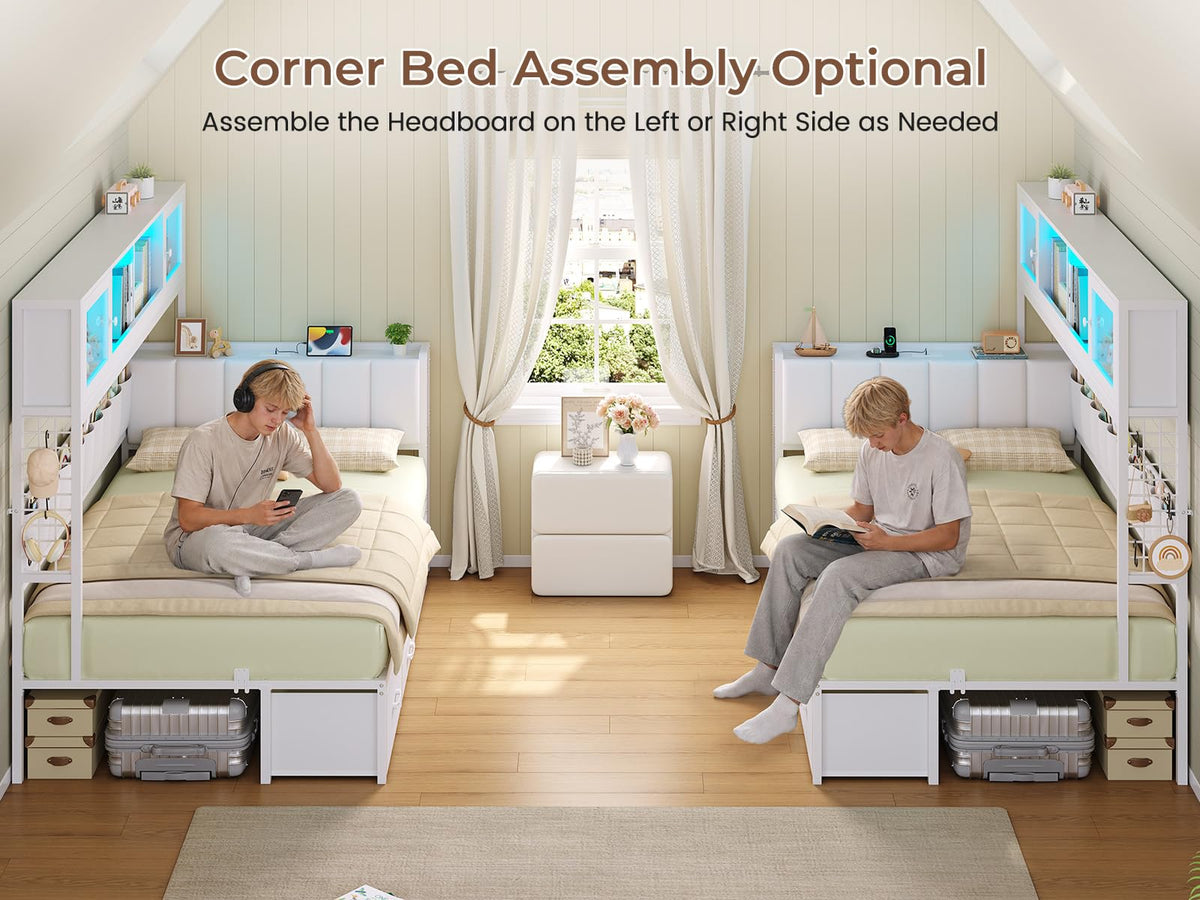 Twin Daybed with Storage Headboard & 4 Drawers, Hight Bookcase, White