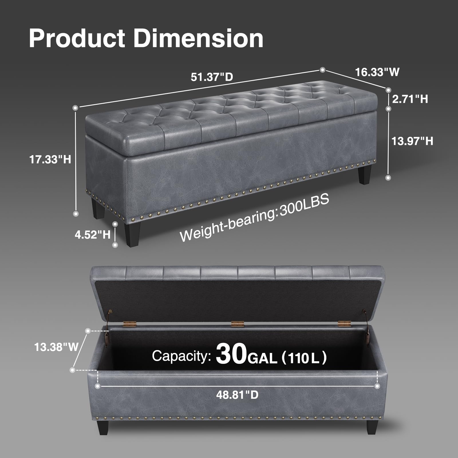 FiveWillowise Large Storage Bench, 51-Inch Ottoman for Bedroom End of Bed, 30 Gallons Faux Leather Bench for Bedroom, Living Room, Entryway, Hallway, Grey