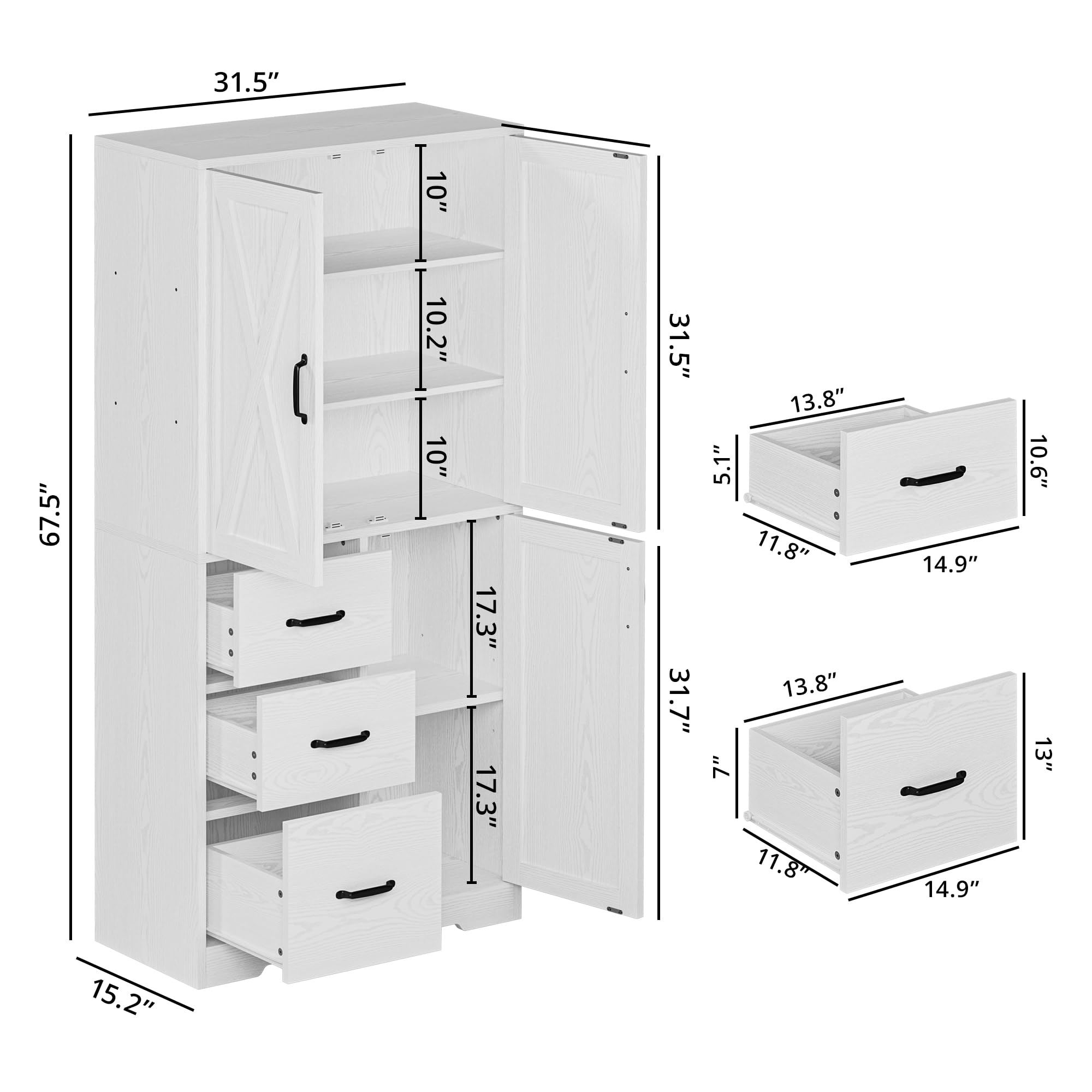 IRONCK Pantry Cabinet, 67.5 inch Tall Storage Cabinet with 3 Doors & Drawers, Farmhouse Kitchen Cabinet with Adjustable Shelves, 5 Tier Freestanding Cupboard for Kitchen