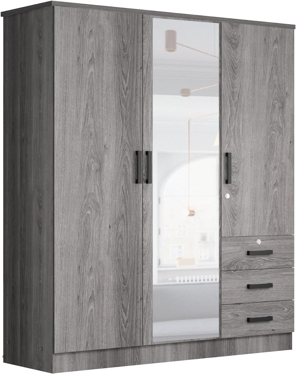 Grey Mirrored Wardrobe with Drawers