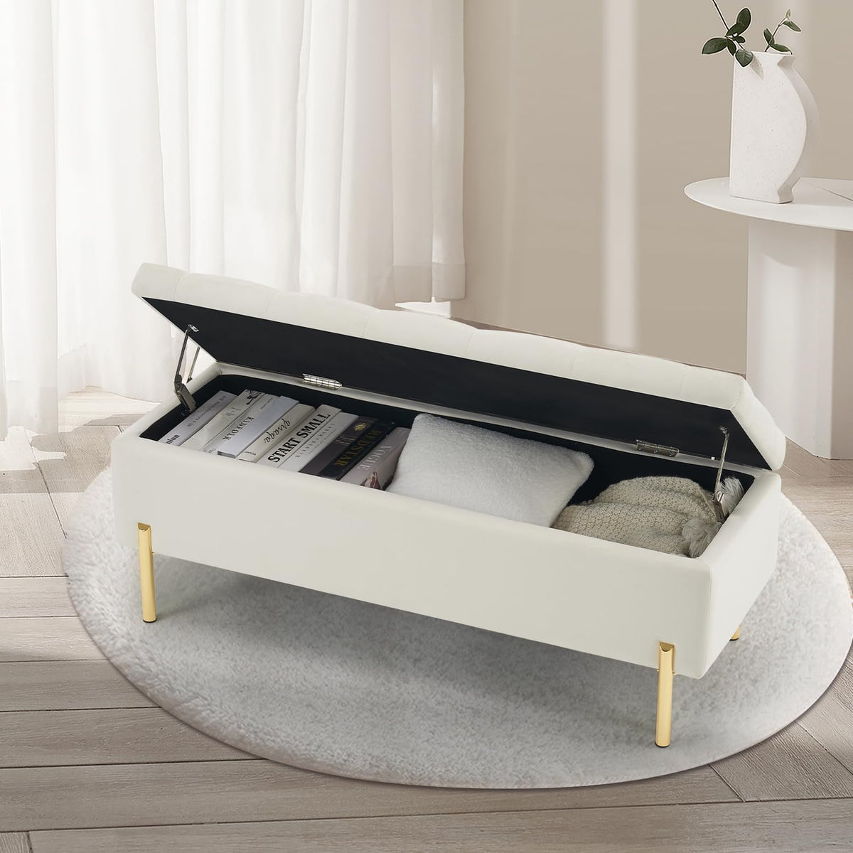 Ivory Velvet Storage Bench