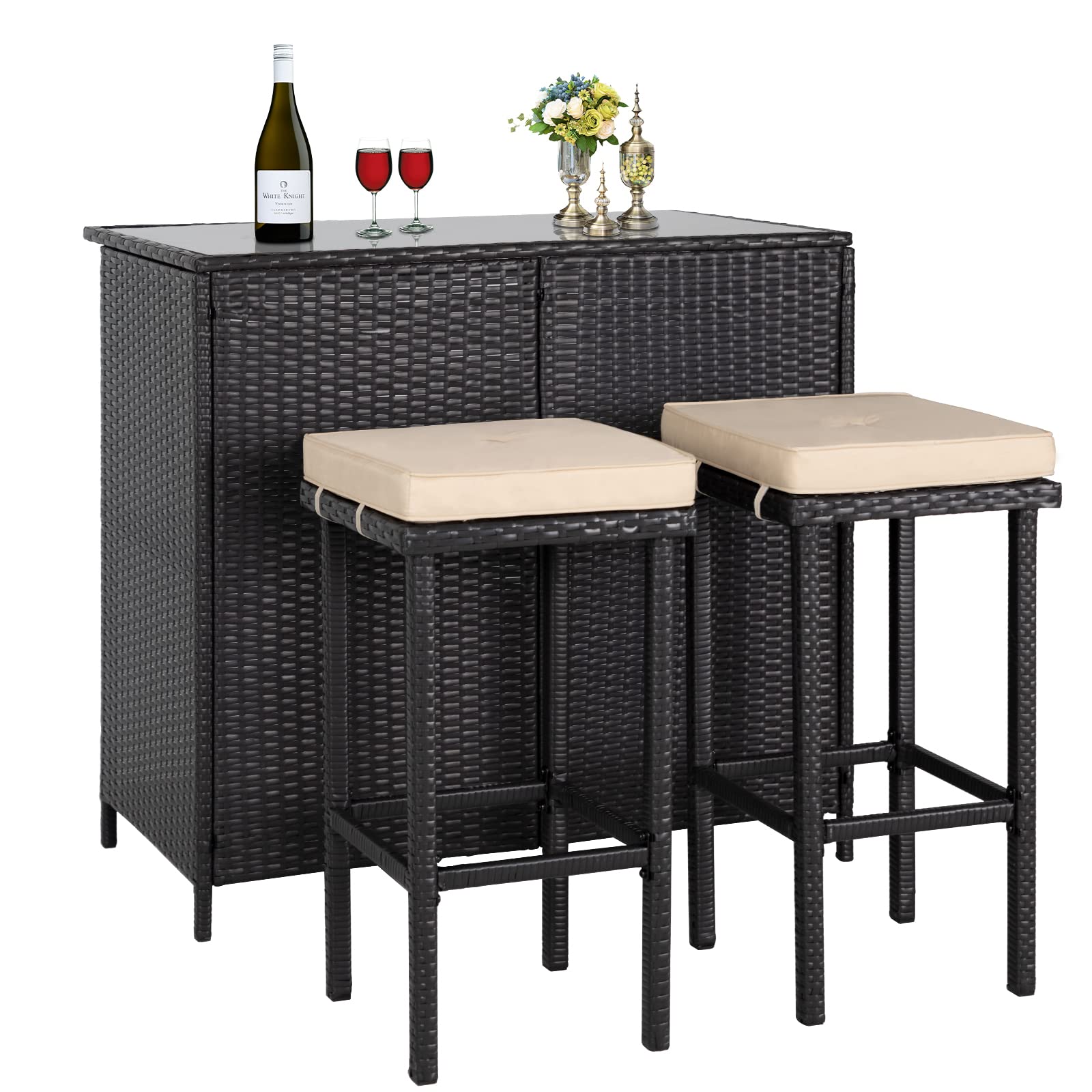 Crownland 3-Piece Wicker Patio Outdoor Bar Set, 2 Stools and 1 Glass Top Table, Bistro Set, Brown Furniture for Deck, Lawn, Backyard