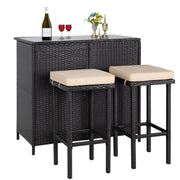 3-Piece Wicker Patio Bar Set with Stools & Glass Top Table