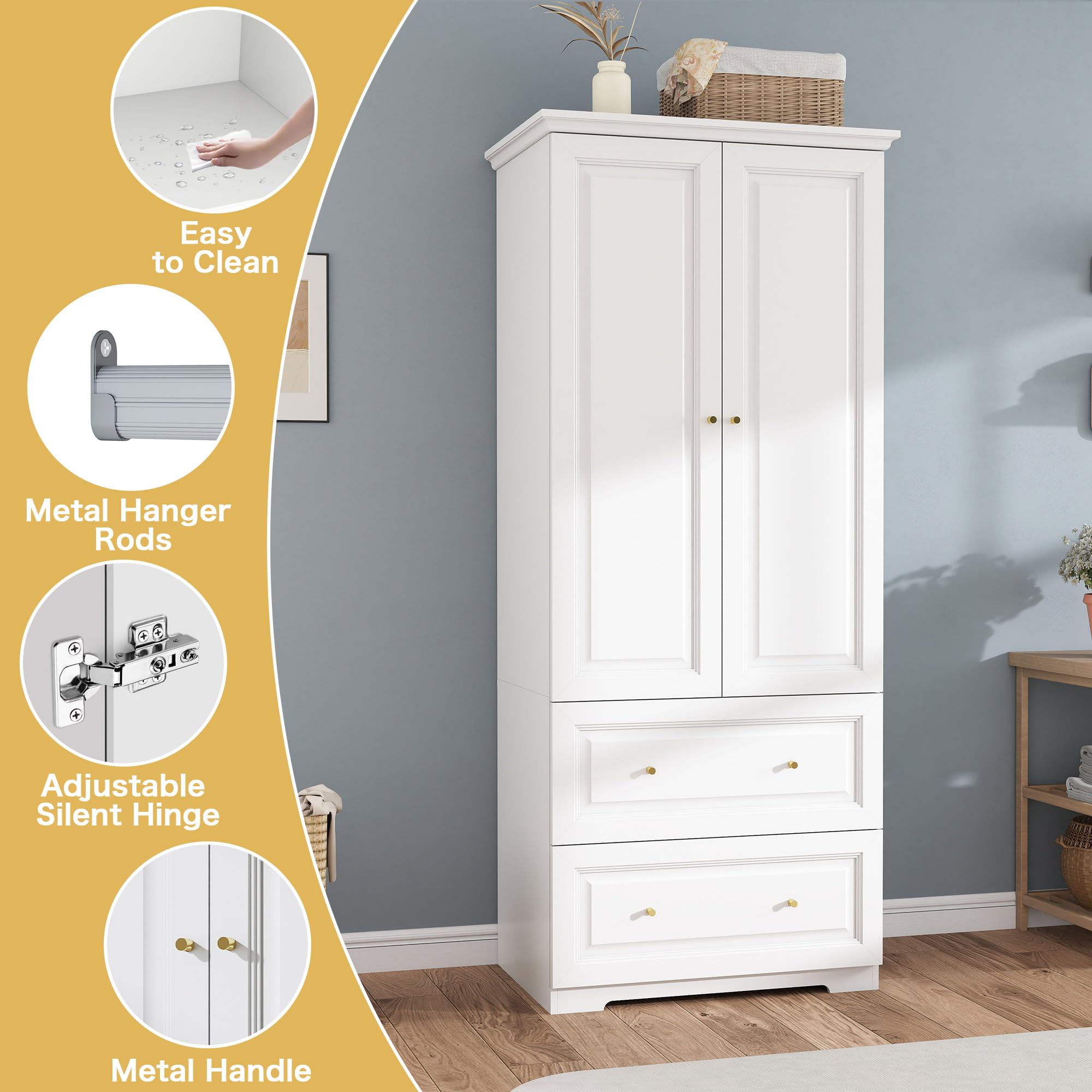 LABROSKIA White Wardrobe with 2 Drawers: 74" Wooden Wardrobe Closet for Hanging Clothes, Tall Armoire Closet with 2 Doors, Bedroom Armoires with Hanging Rod (32")