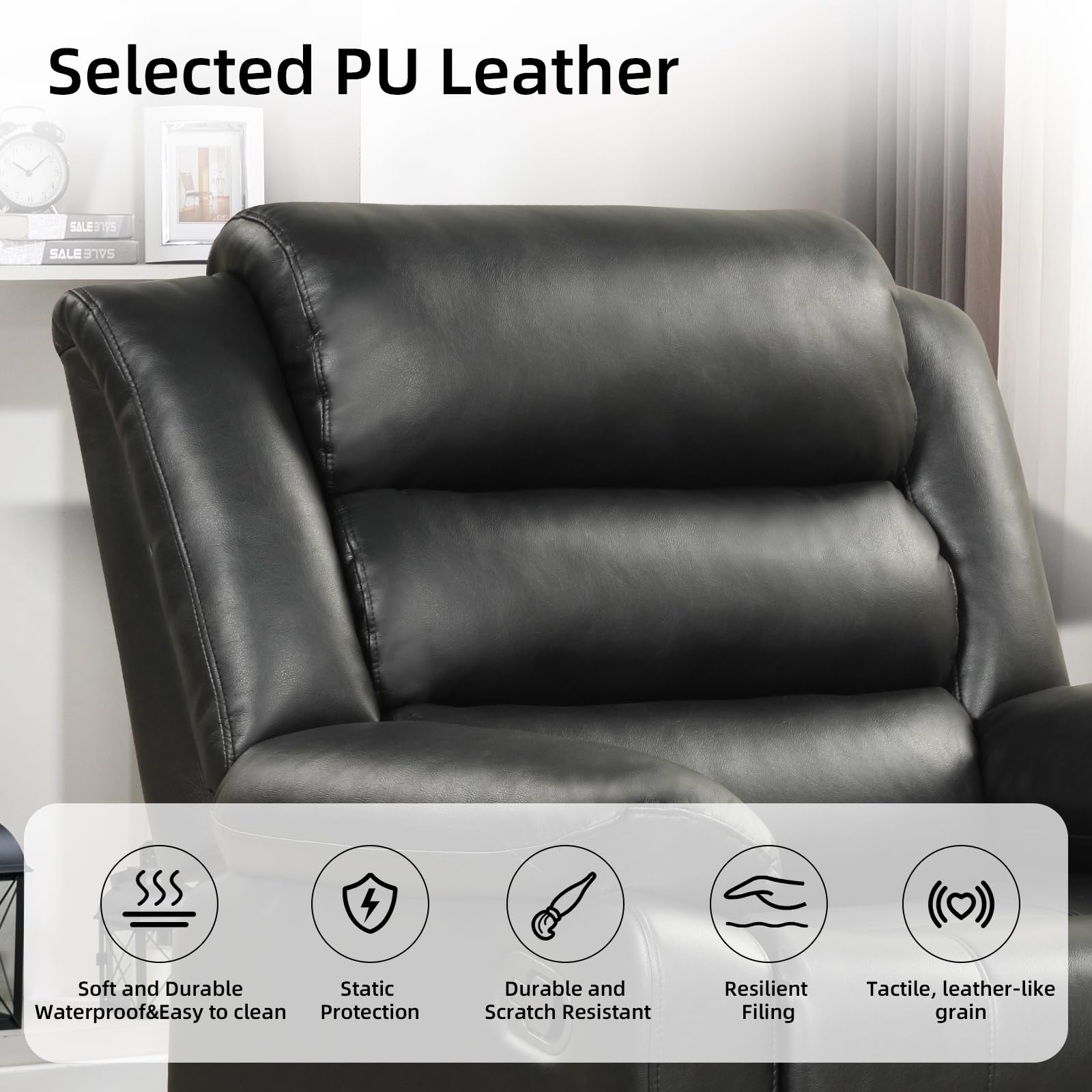 CANMOV Recliner Chair for Adults, Waterproof PU Leather Recliner, Soft Plush Overstuffed Manual Recliner with Footrest for Living Room Home Theater, Heavy Duty, Easy Clean(Black)