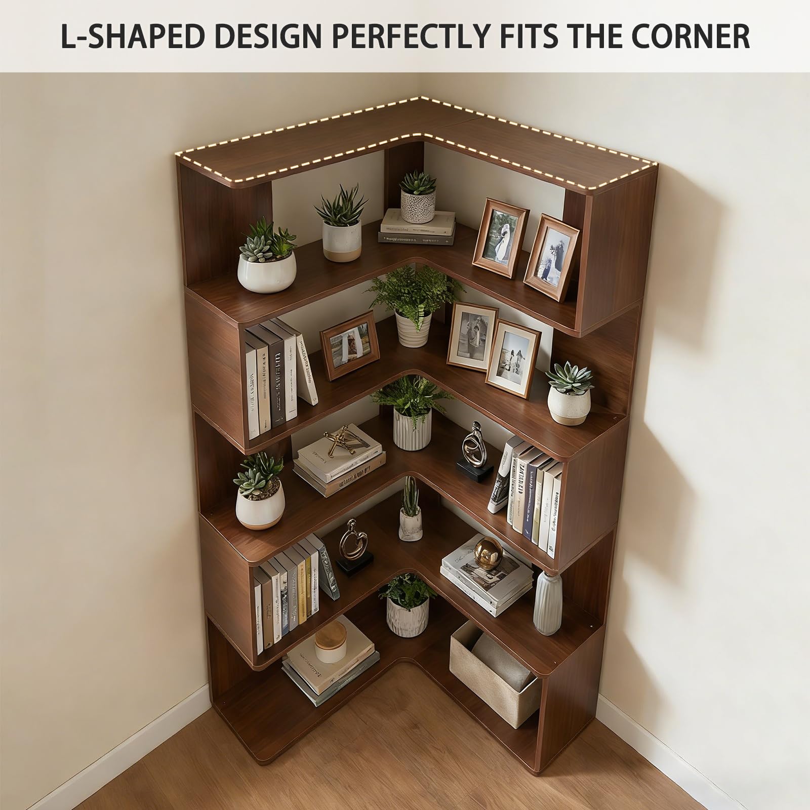 L-Shaped Corner Bookshelf, 6-Tier Open Storage