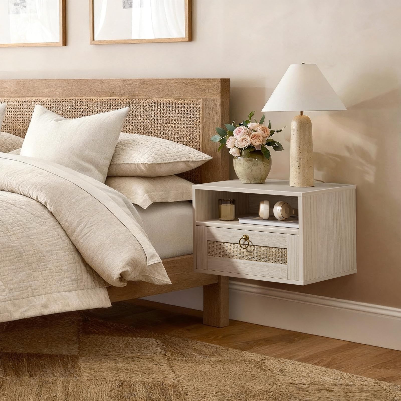 IGERI Floating Nightstand Set of 2 with Drawer for Wall Mounted Hanging Rattan Night Stand Bed Side Tables Wooden End Table Small Boho Dressers for Bedroom Farmhouse Shelves with Drawers