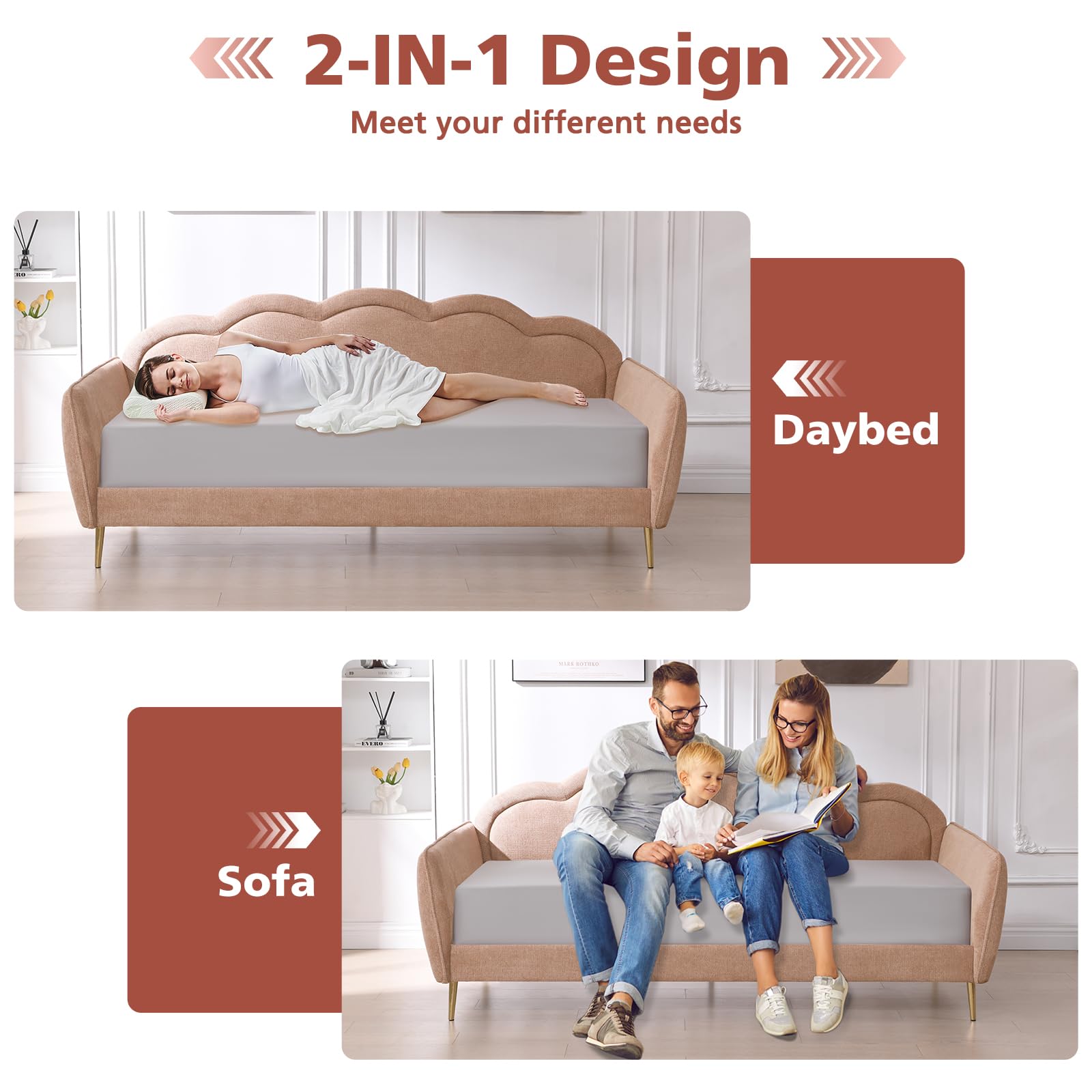 Linen Upholstered Twin Daybed with Cloud-Shaped Backrest & Gold Metal Legs