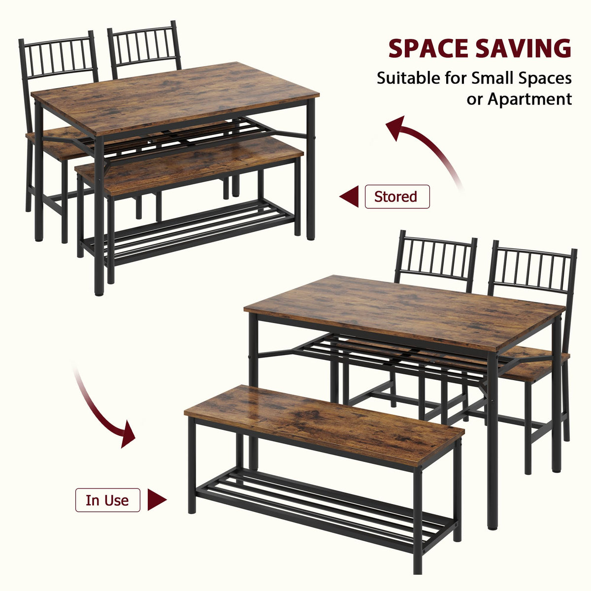 Garvee Dining Table Set for 4 with Bench and Chairs, 4-Piece Kitchen Table Set with Storage – Space-Saving Dining Table for Apartments and Dining Rooms, Brown