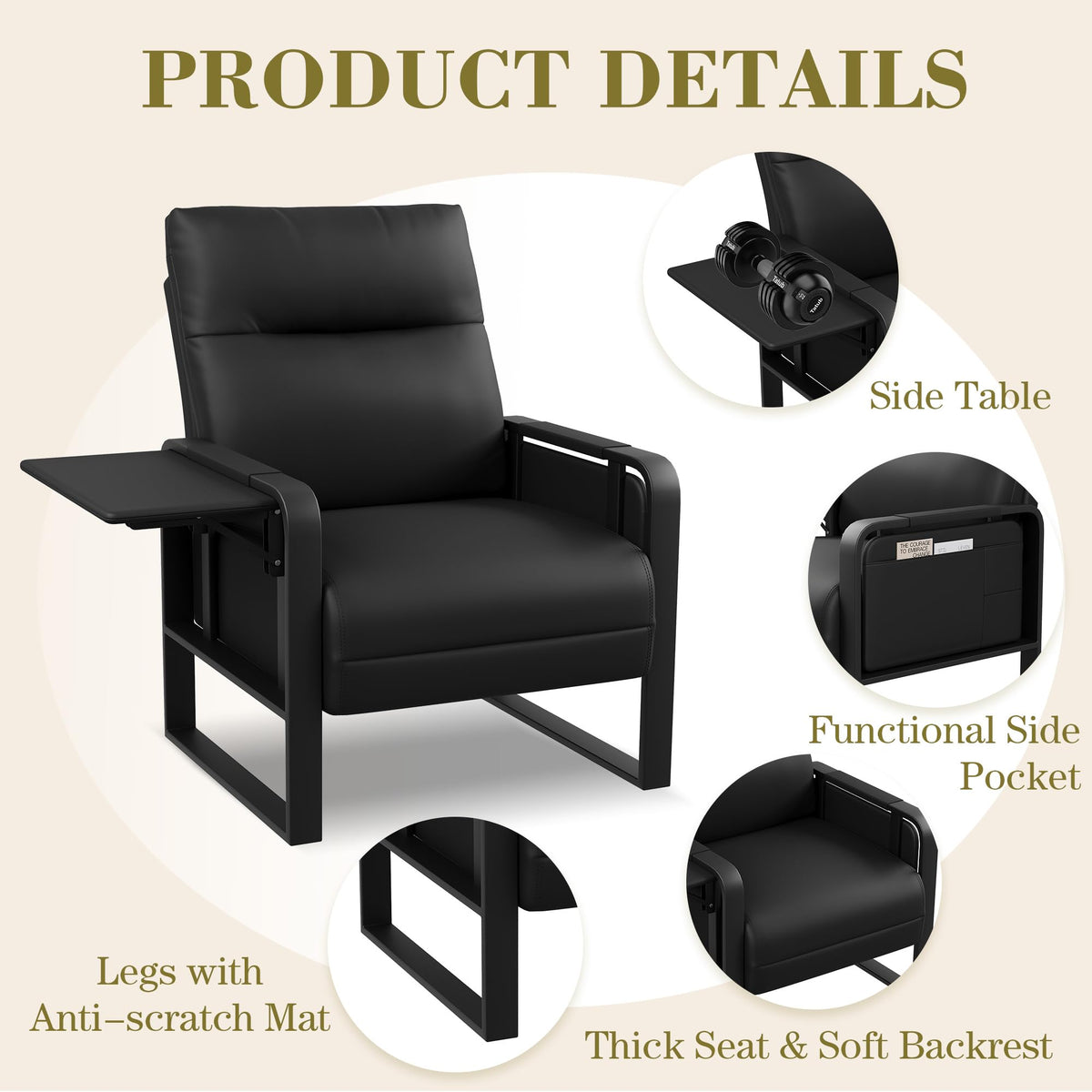 Apeaka Black Accent Chair PU Leather Upholstered Armchair with Side Table