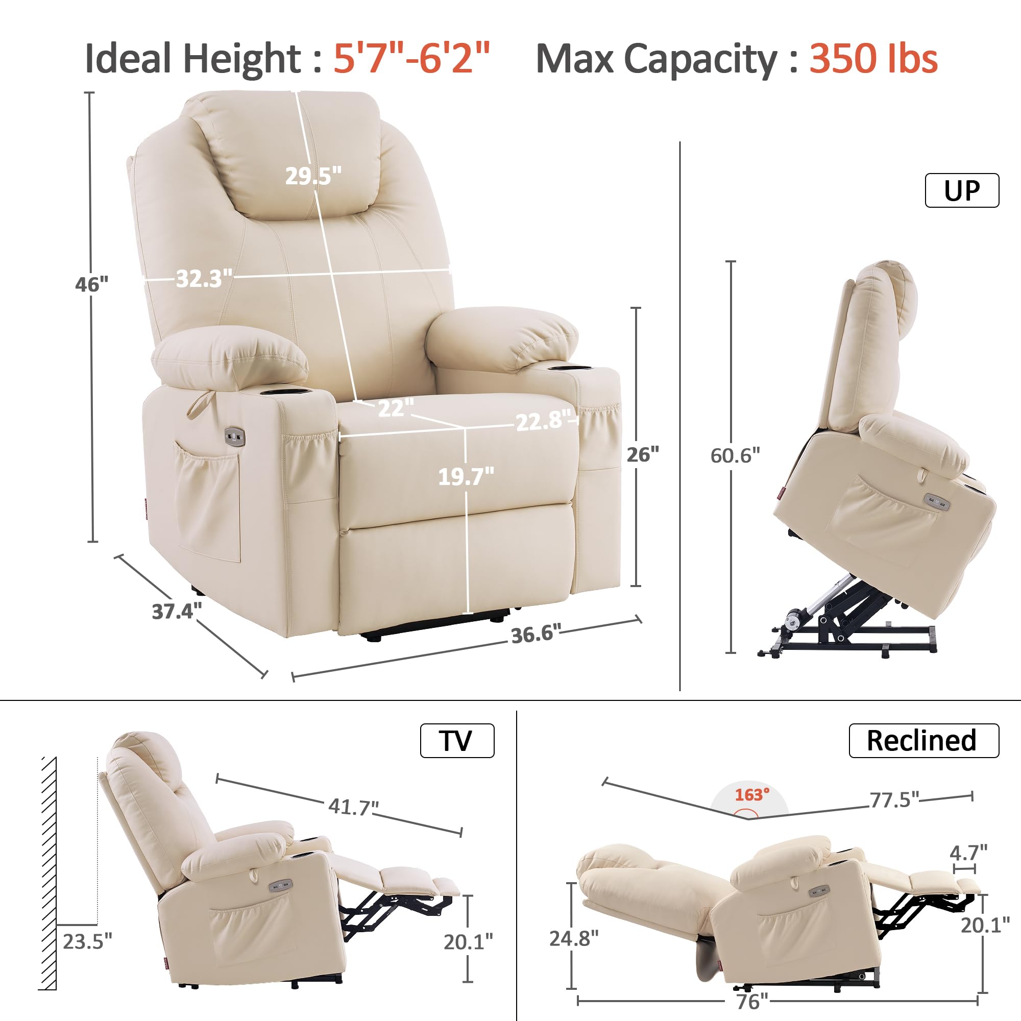 Power Lift Recliner Chair with Heat & Massage – Dual Motor, Lay Flat, Large