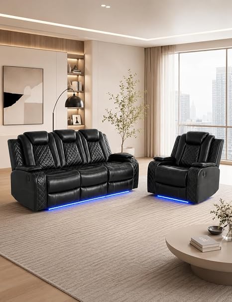 Power Reclining Sectional Sofa Set with LED & Wireless Charging