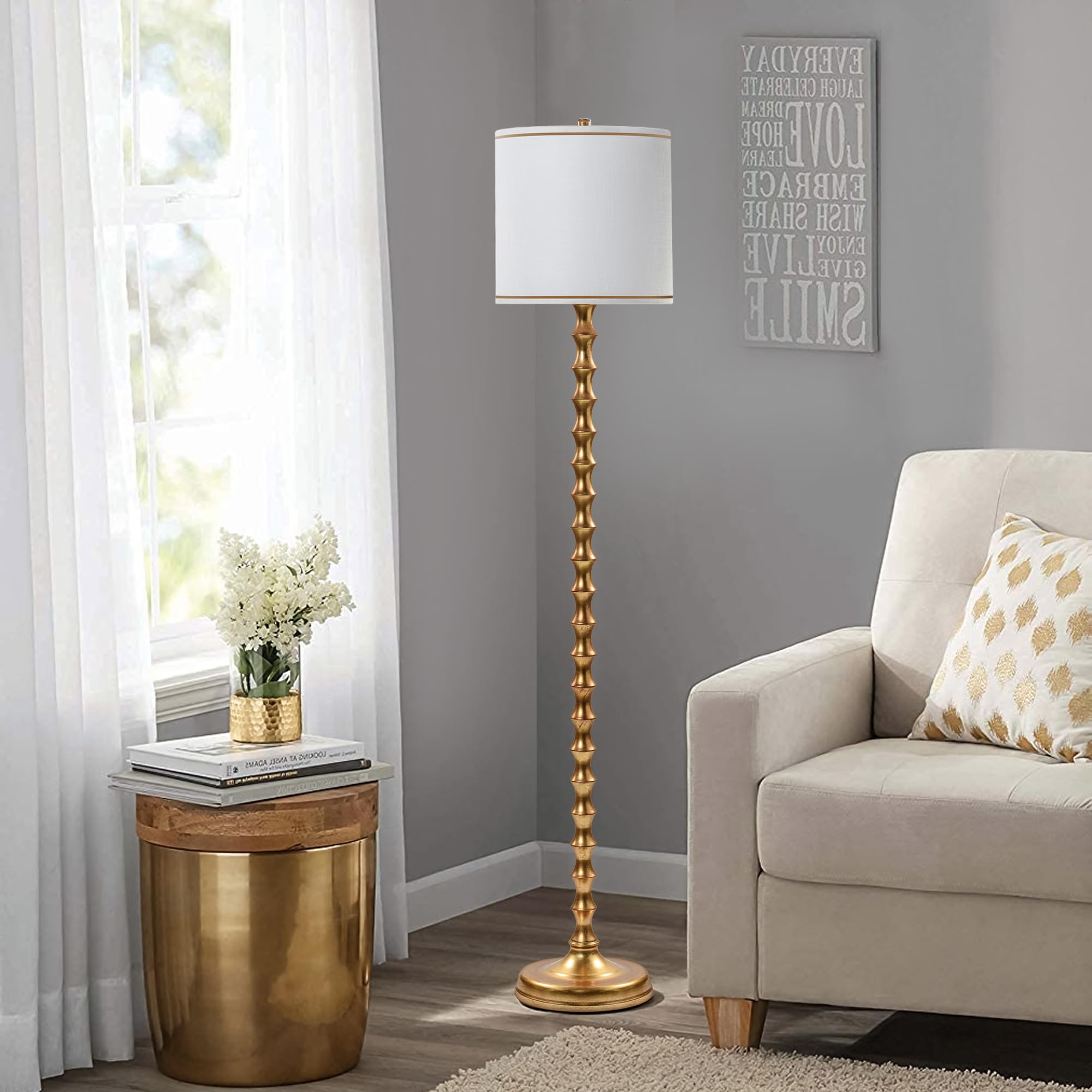 64.5" Vintage Gold Floor Lamp with Linen Drum Shade