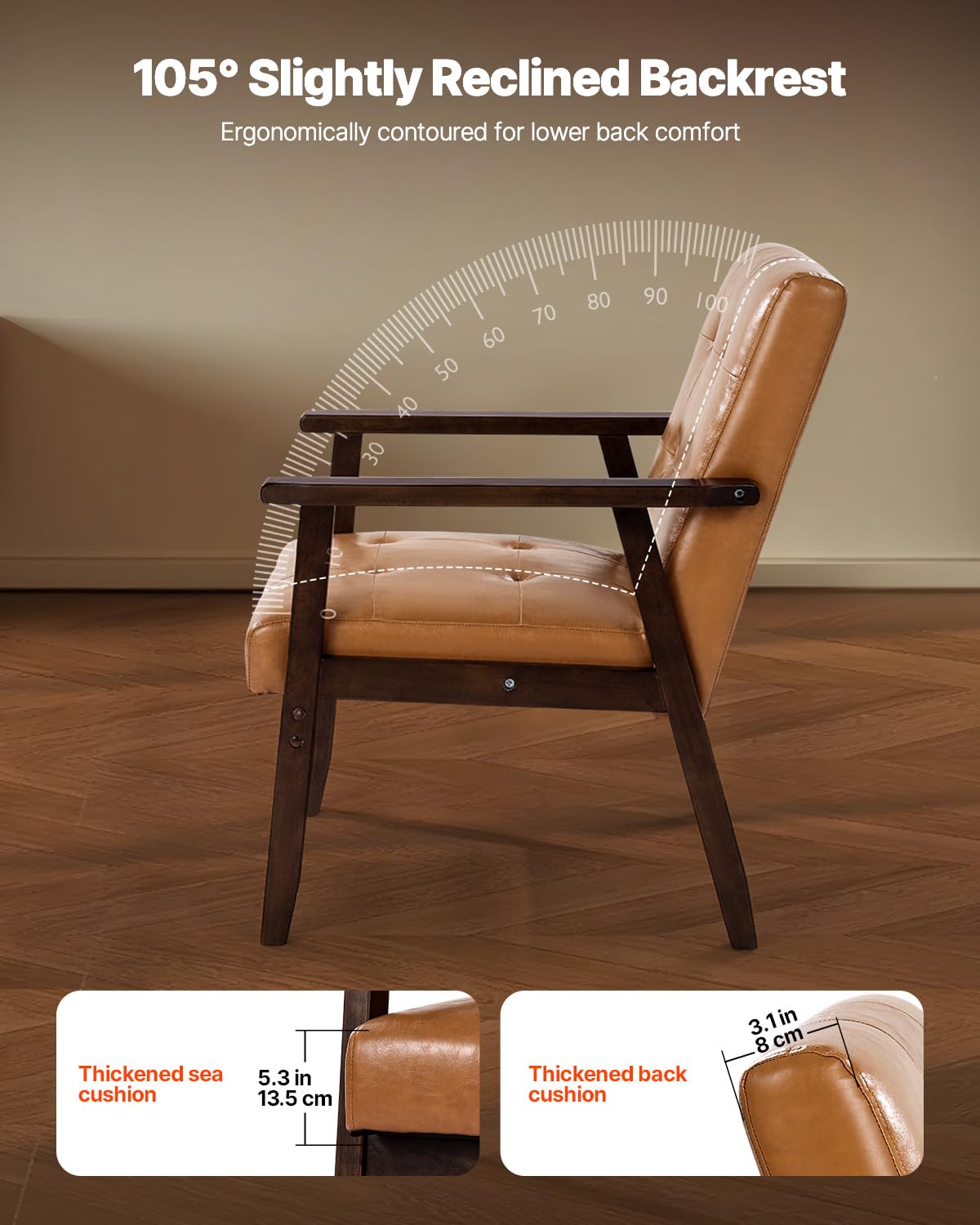 VEVOR Accent Chair, Mid Century Modern Armchair with Solid Wood Frame and Non-Slip Legs, Upholstered Leisure Chair with PU Leather and Soft Cushion, for Living Room, Bedroom, Office