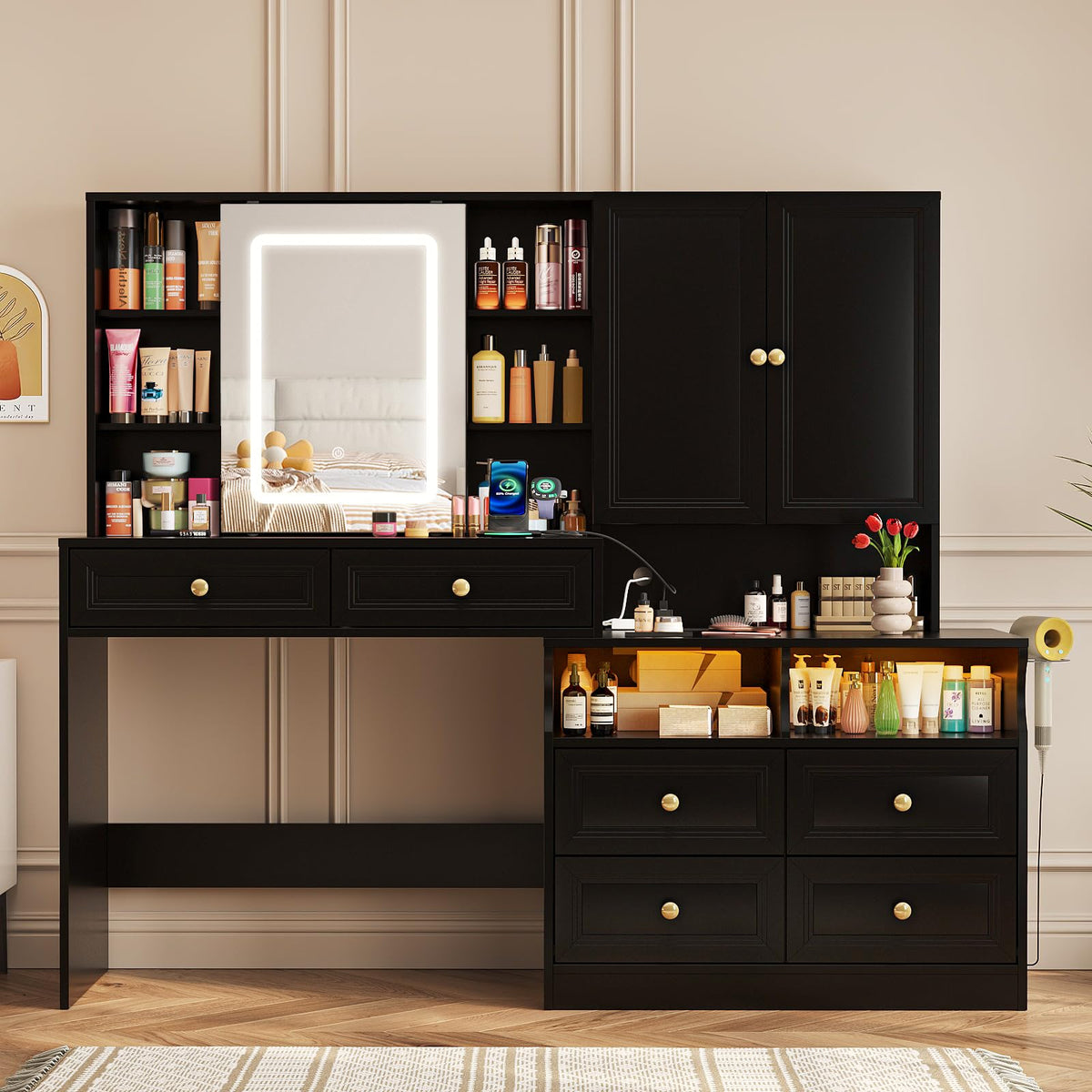 Black Vanity Desk with LED Sliding Mirror