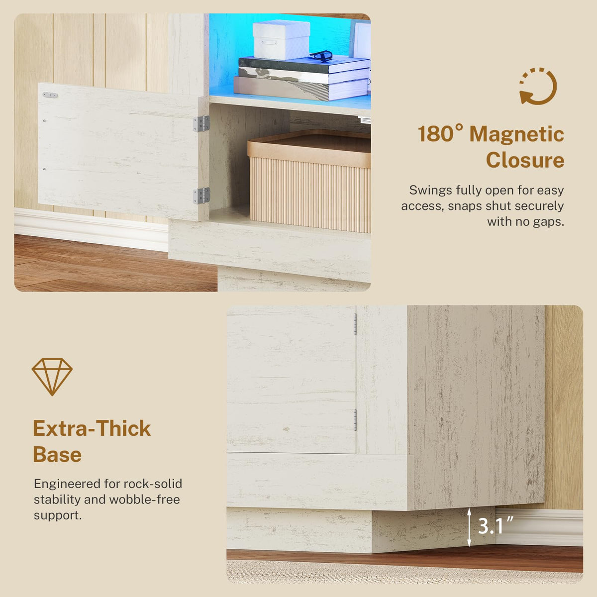 TEENFON TV Stand for 75 inch TV, Entertainment Center with LED Lights & Adjustble Shelves, TV Console, 27.6" H Media Console with Open Storage & Side Cabinets, TV Stands for Living Room, Cloud White