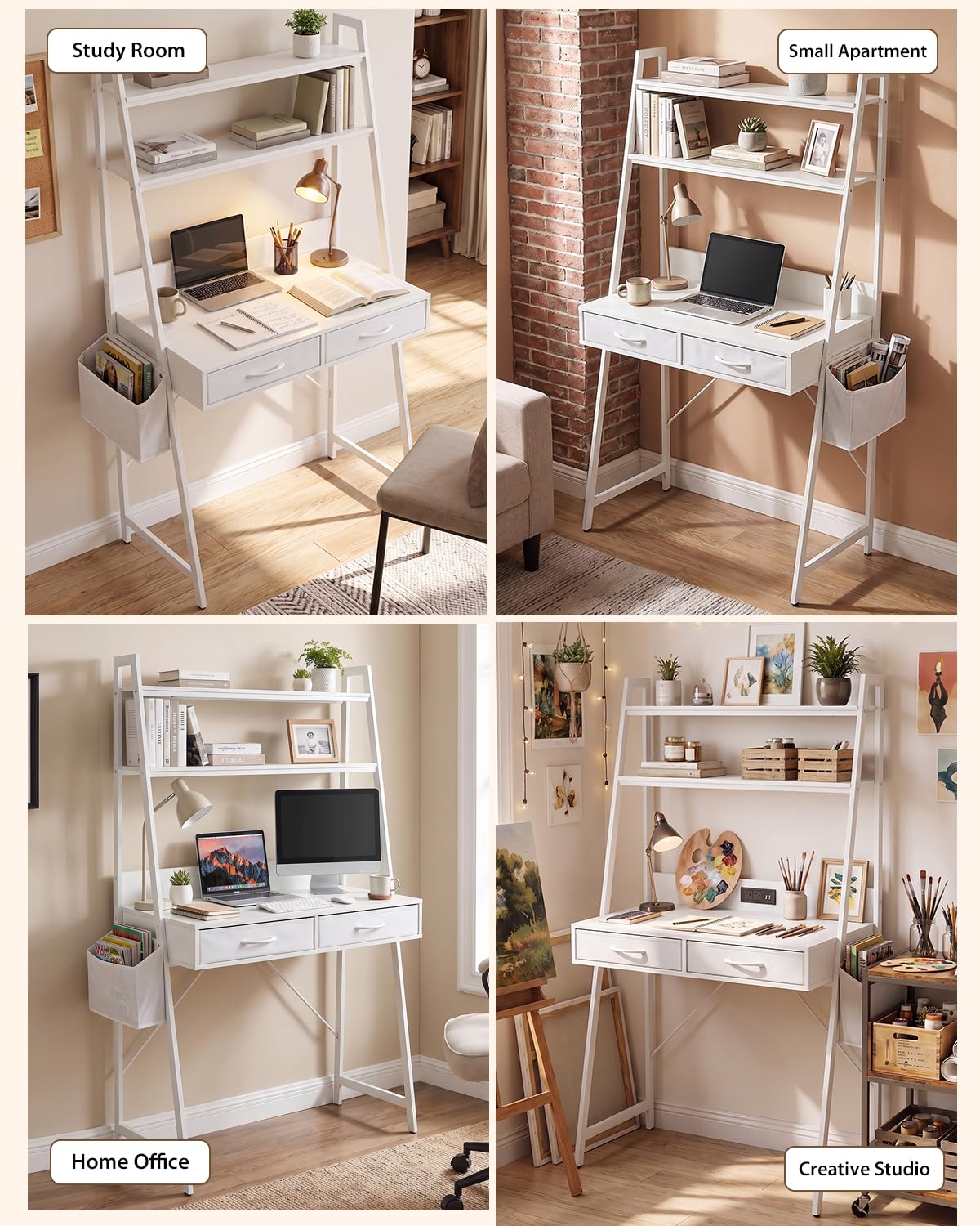Home Office Desk with Storage and Drawer, Computer Desk with 2-Tier Shelves