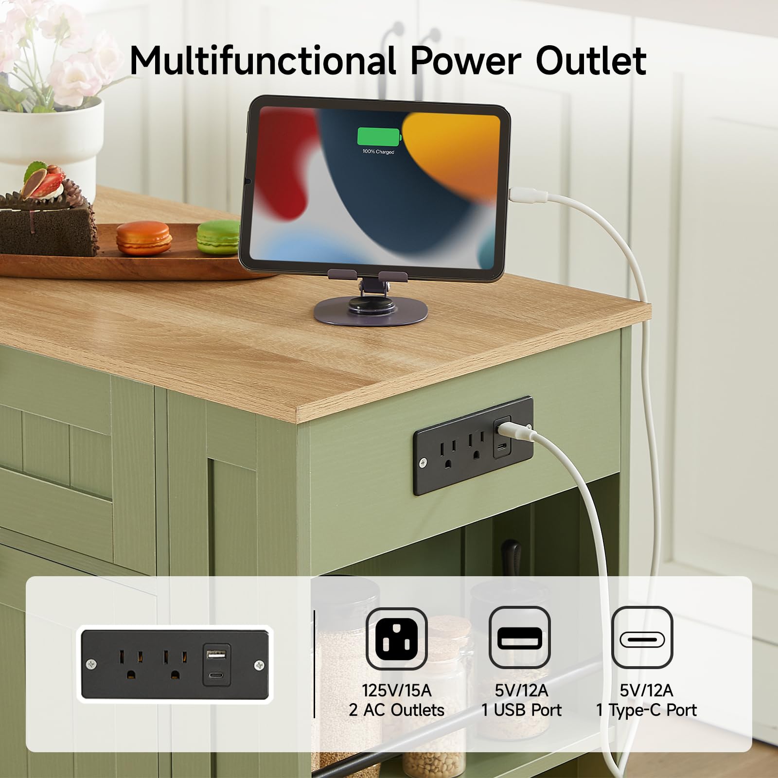 Rolling Kitchen Island with Trash Cabinet & Power Outlet