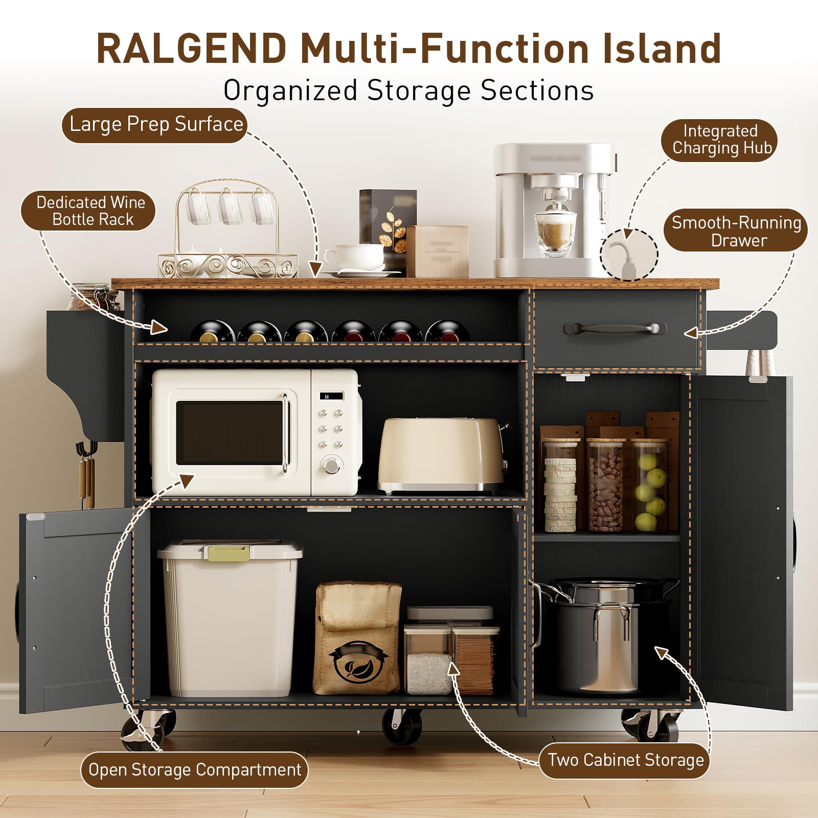 RALGEND Rolling Kitchen Island Cart with Drop Leaf & Power Outlet, Mobile Kitchen Island on Wheels, Island Table with Storage Cabinet, Microwave Shelf & Wine Rack for Kitchen, Black & Rustic Brown
