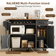 RALGEND Rolling Kitchen Island Cart with Drop Leaf & Power Outlet, Mobile Kitchen Island on Wheels, Island Table with Storage Cabinet, Microwave Shelf & Wine Rack for Kitchen, Black & Rustic Brown