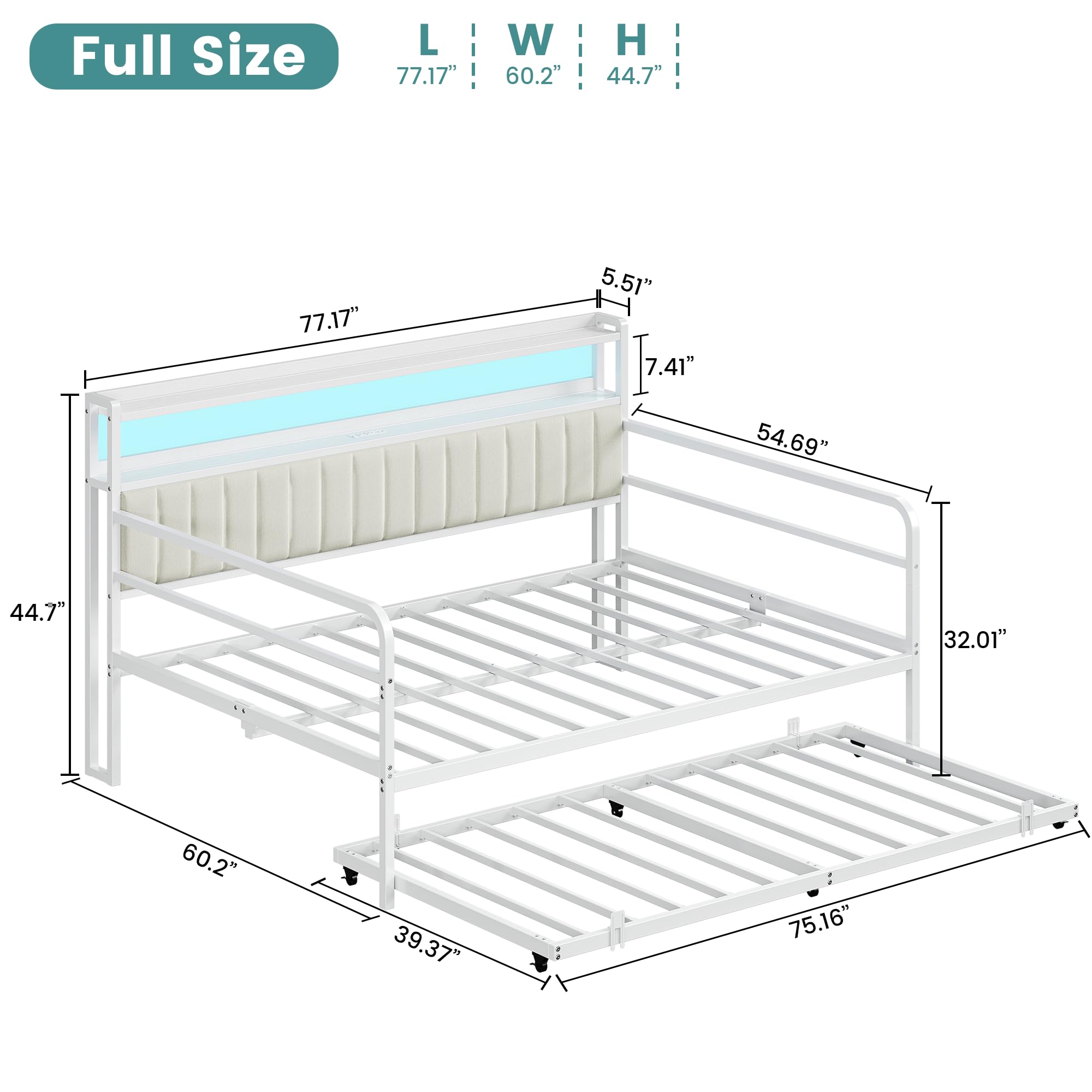 ANCTOR Daybed with Trundle, LED Lights and Charging Station, Full Size Daybed with 2-Tier Storage Shelves and Upholstered Headboard, Metal Sofa Bed Frame for Living Room, Bedroom, White