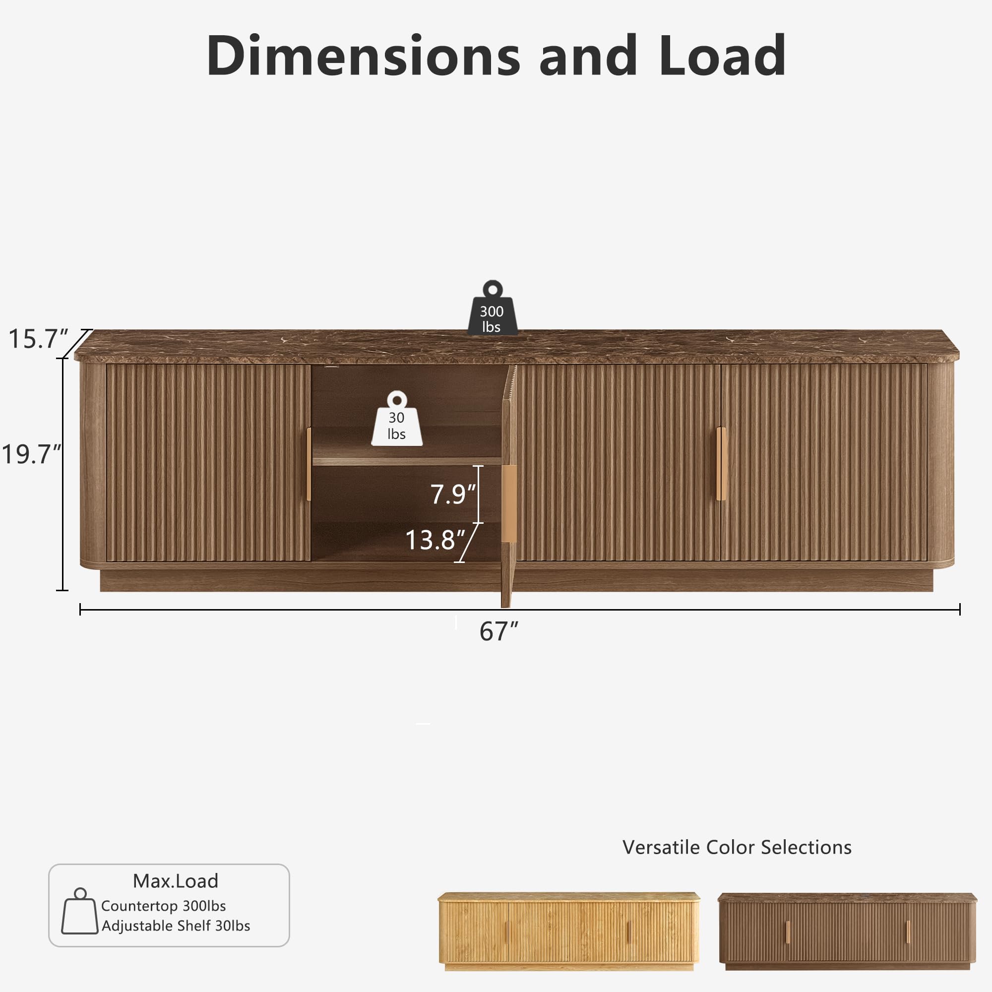 win2win 67" TV Stand for 80 Inch TV, Mid Century Modern Fluted Entertainment Center with Faux Marble Top, Curved Corners, Minimalist Media Console with Storage for Living Room Bedroom, Walnut