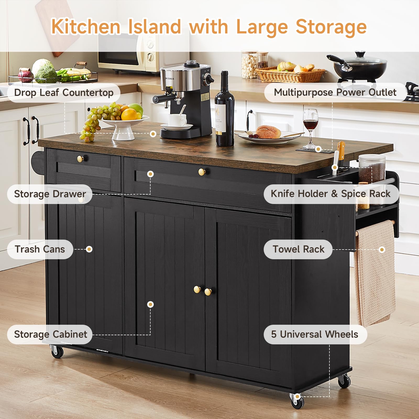 Kitchen Island Cart with Power Outlet & Drop Leaf