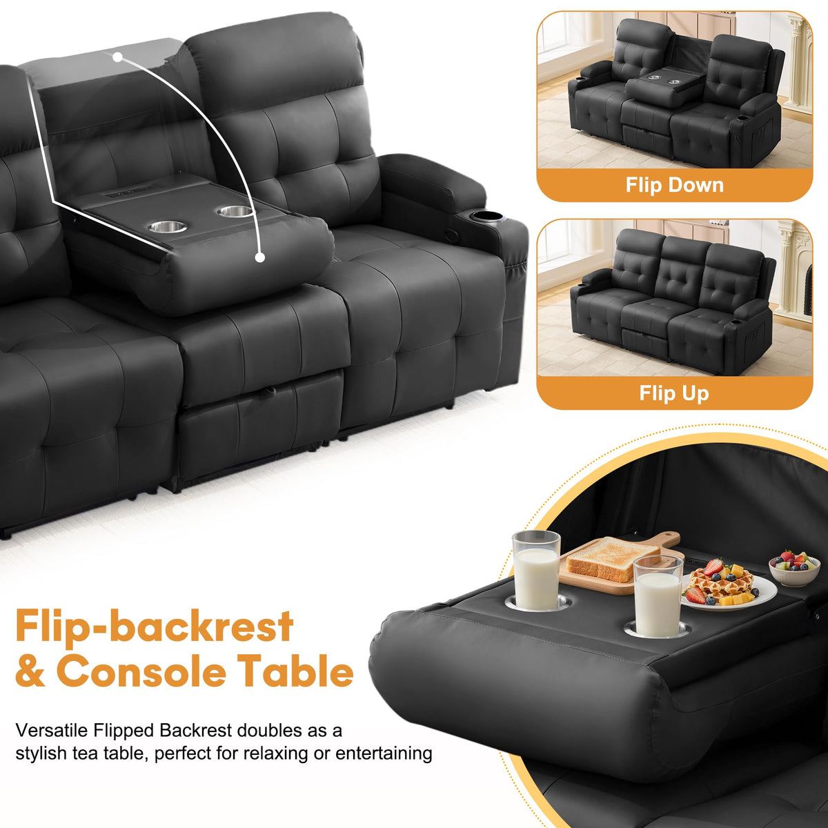 Korser 3-Seater Loveseat Recliner Sofa, Manual Recliner Chair with Flip Back Console, Cup Holder & USB, Home Theater Seating for Family Party, PU Leather, Black