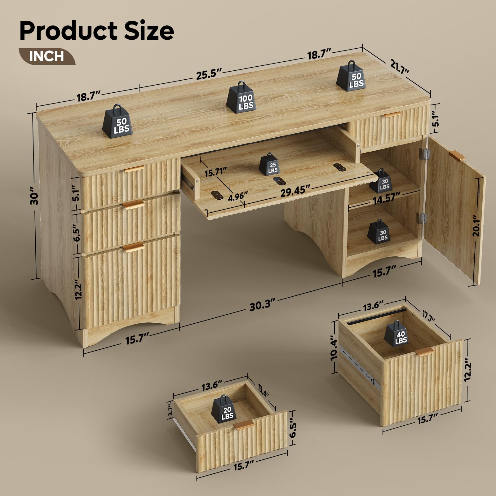 63" Fluted Executive Desk with Drawers & Storage Cabinet