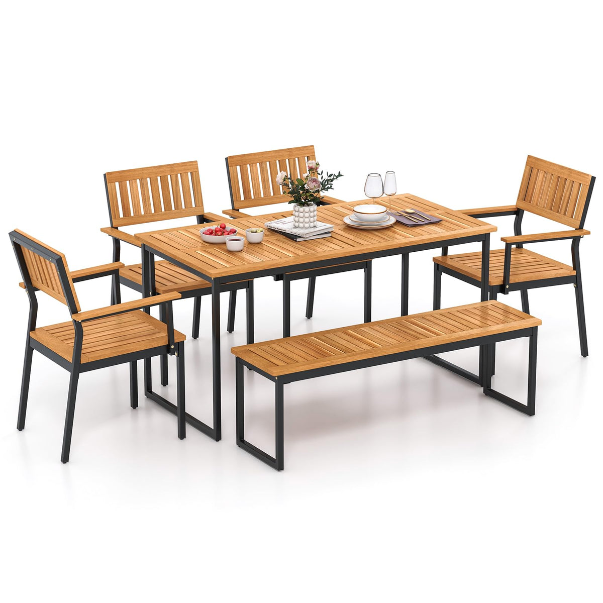 Tangkula 6 Pieces Outdoor Acacia Wood Dining Set, Patio Table and Chairs Set with Bench for 6-7 People, Outdoor Dining Furniture Set with 2" Umbrella Hole for Garden, Backyard and Poolside