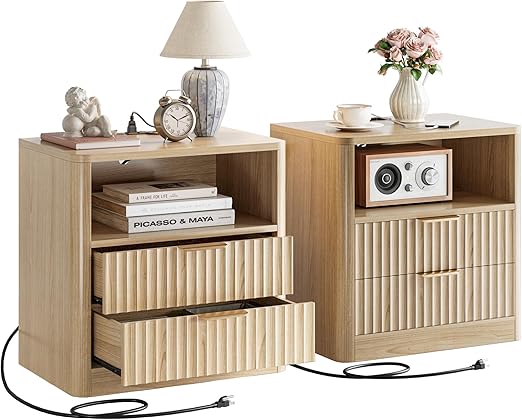 Fluted Nightstand Set of 2 with Charging Station