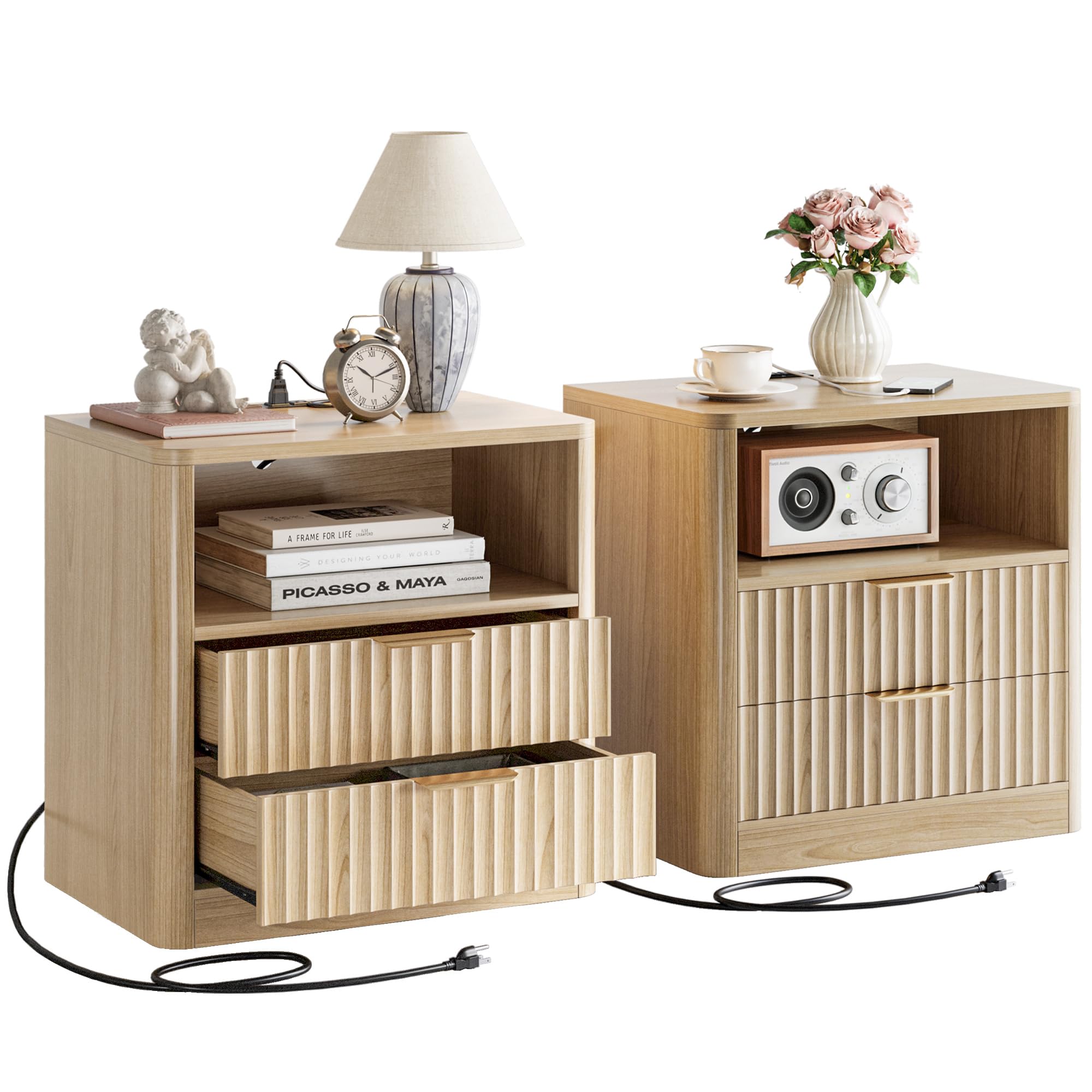 Fluted Nightstand Set of 2 with Charging Station