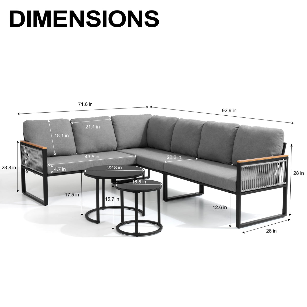 7 Piece L-Shaped Outdoor Sectional Wicker Sofa with Nesting Coffee Table