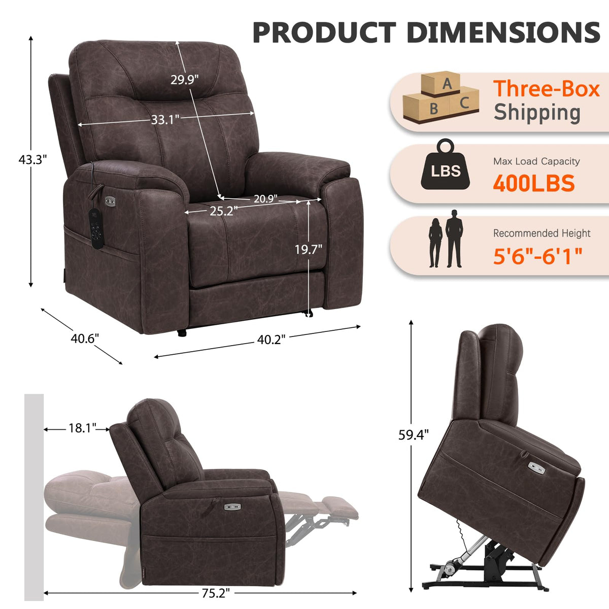 EONIX Large Triple Motor Power Lift Recliner Chair with Heat & Massage