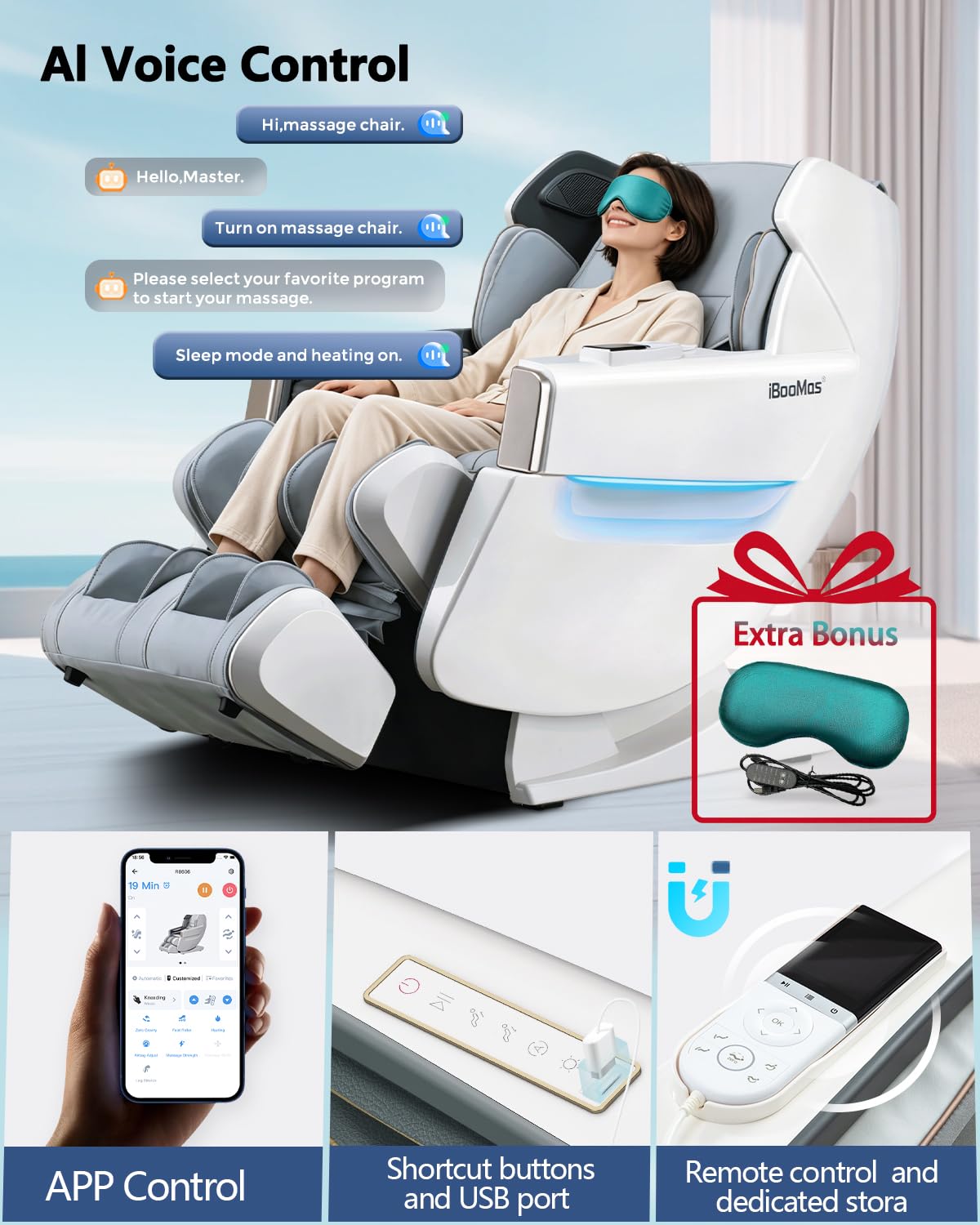 iBooMas 53.15" SL Track Massage Chair, 16 Auto & App Custom Modes Massage Chair Full Body with Auto Extend Footrest, 165° Zero Gravity, Full Body Airbag & Heating, Space Saving, No Assembly Required