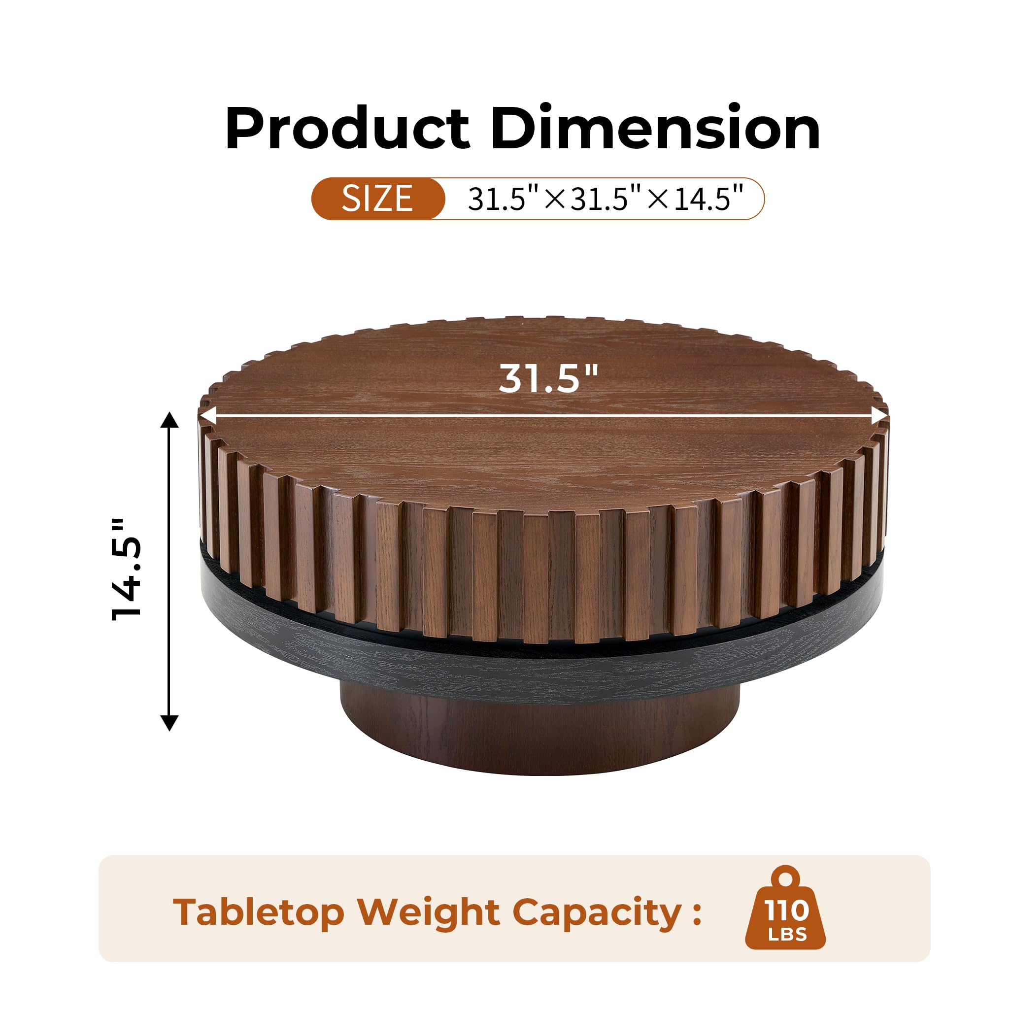 LKTART 31.5" Fluted Drum Coffee Table, Round Center Table with Black Walnut Accent & Textured Base, Easy Assembly, Mid-Century Modern Wood Veneer Cocktail Table for Living Room, Apartment, Office