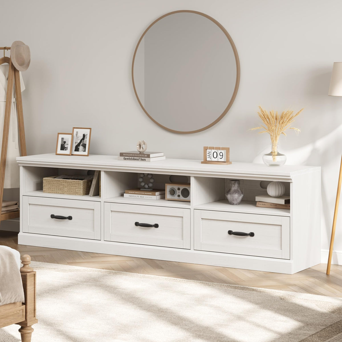 Garvee 70 Inch Mid-Century Modern TV Stand for 65/70/75 in TV, Entertainment Center with 3 Storage Drawers & Open Shelves, Media Cabinet for Living Room Bedroom, Antique White